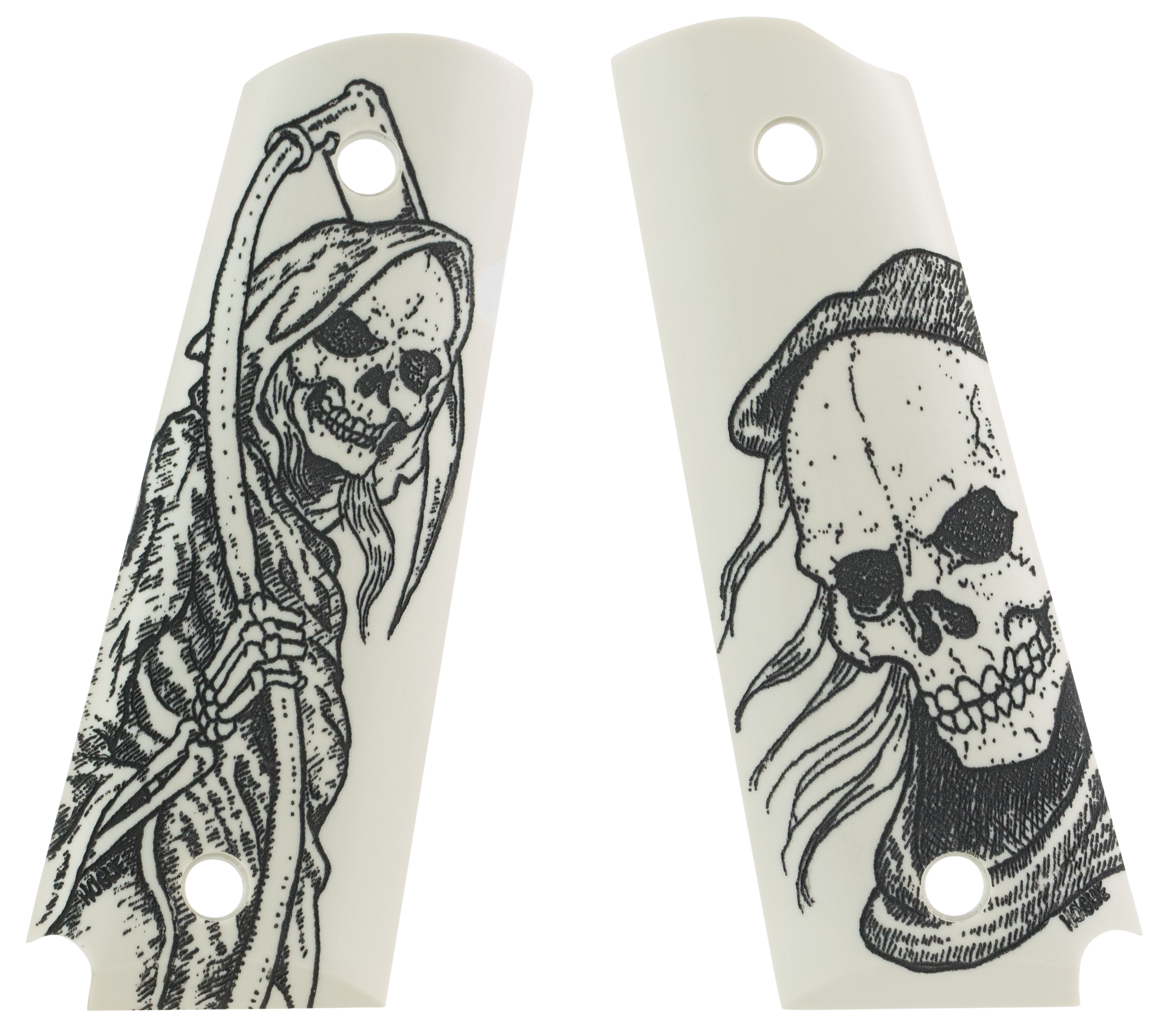 Hogue Scrimshaw Grip Ambi-Cut Ivory Grim Reaper Polymer for 1911 Government