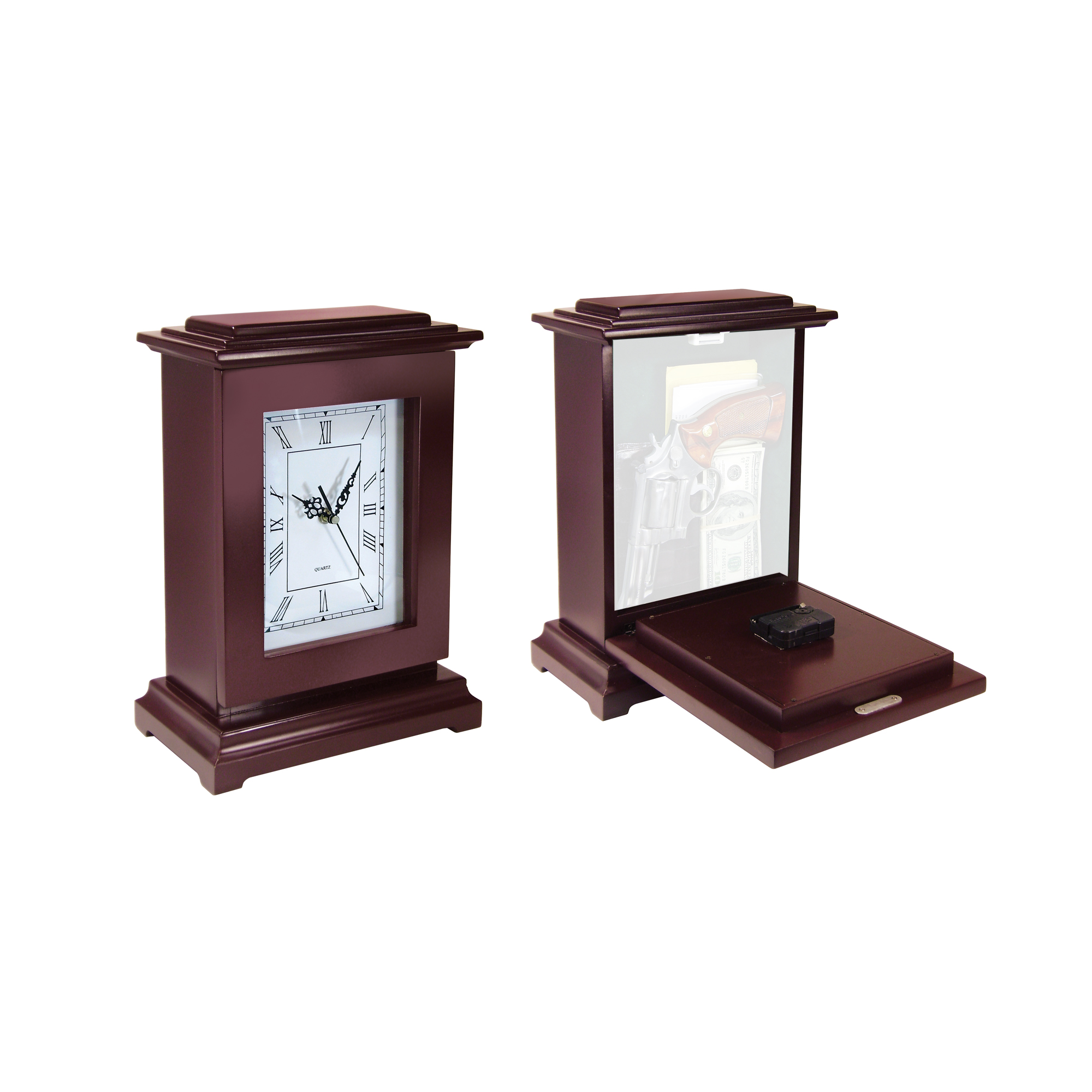 Peace Keeper RGC Tall Gun Clock  Front Panel Entry Mahogany Stain Wood Holds 1 Handgun 13.25" L x 9.50" W x 6.25" D