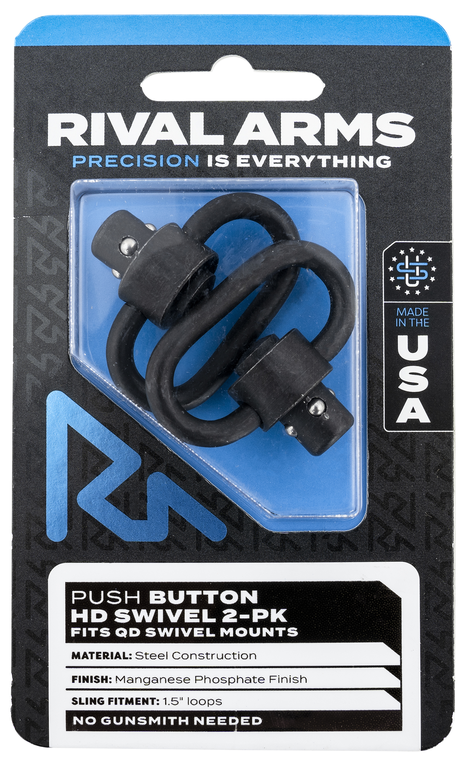 Rival Arms RA-RA92S1A HD Swivel Set  Black Manganese Phosphate Steel with 1.5" Loops & Push Button