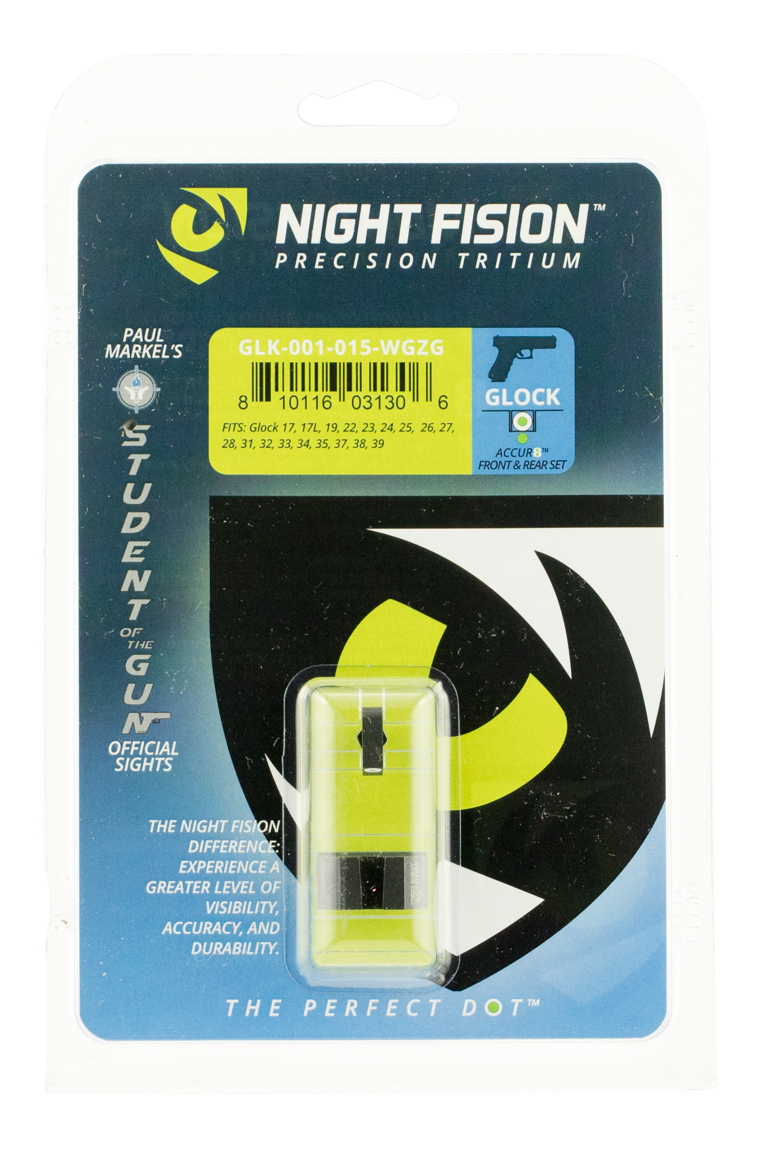 Night Fision Glock Accur8 Front White Outline Green Tritium Glock 17/19