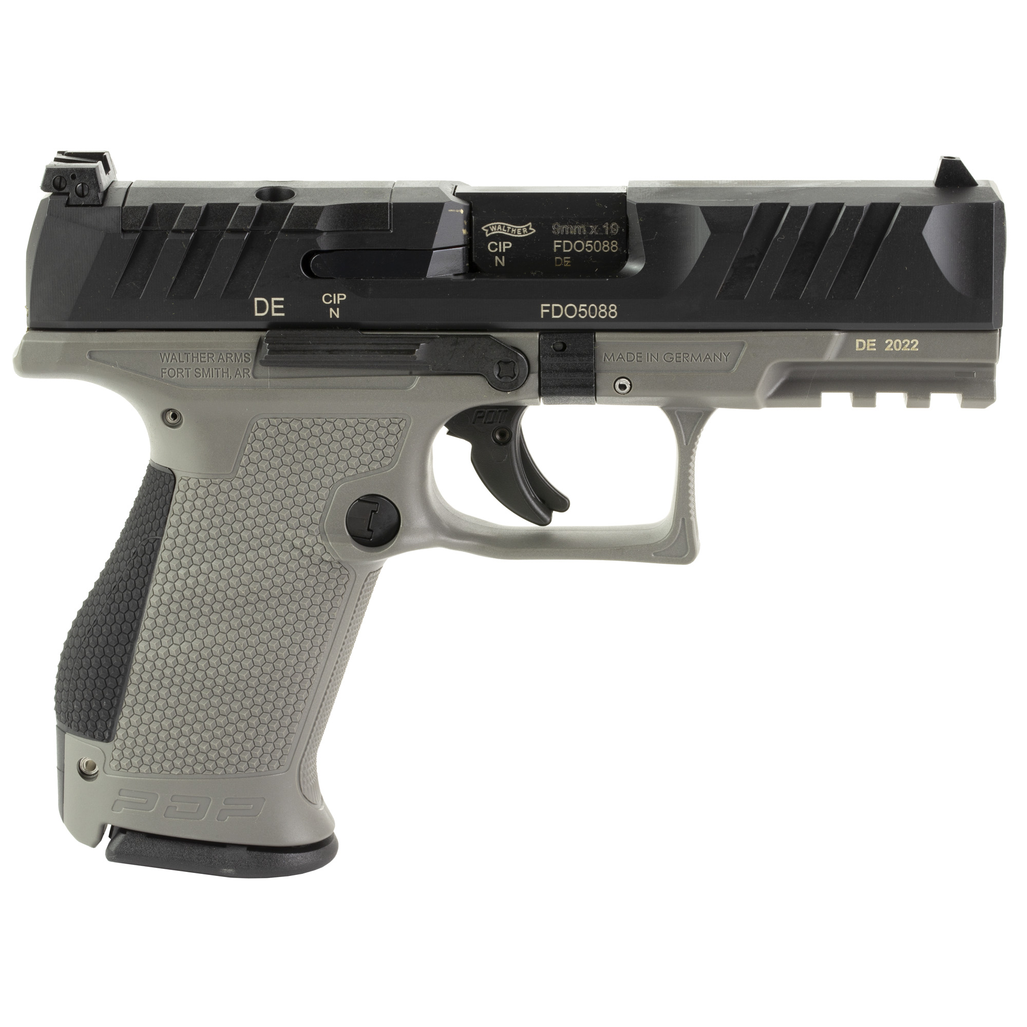 Walther Arms 2858436 PDP  Compact Frame 9mm Luger 15+1 4" Black Steel Barrel, Black Optic Ready/Serrated Steel Slide, Gray Polymer Frame w/Picatinny Rail, Textured Polymer Grip, Ambidextrous