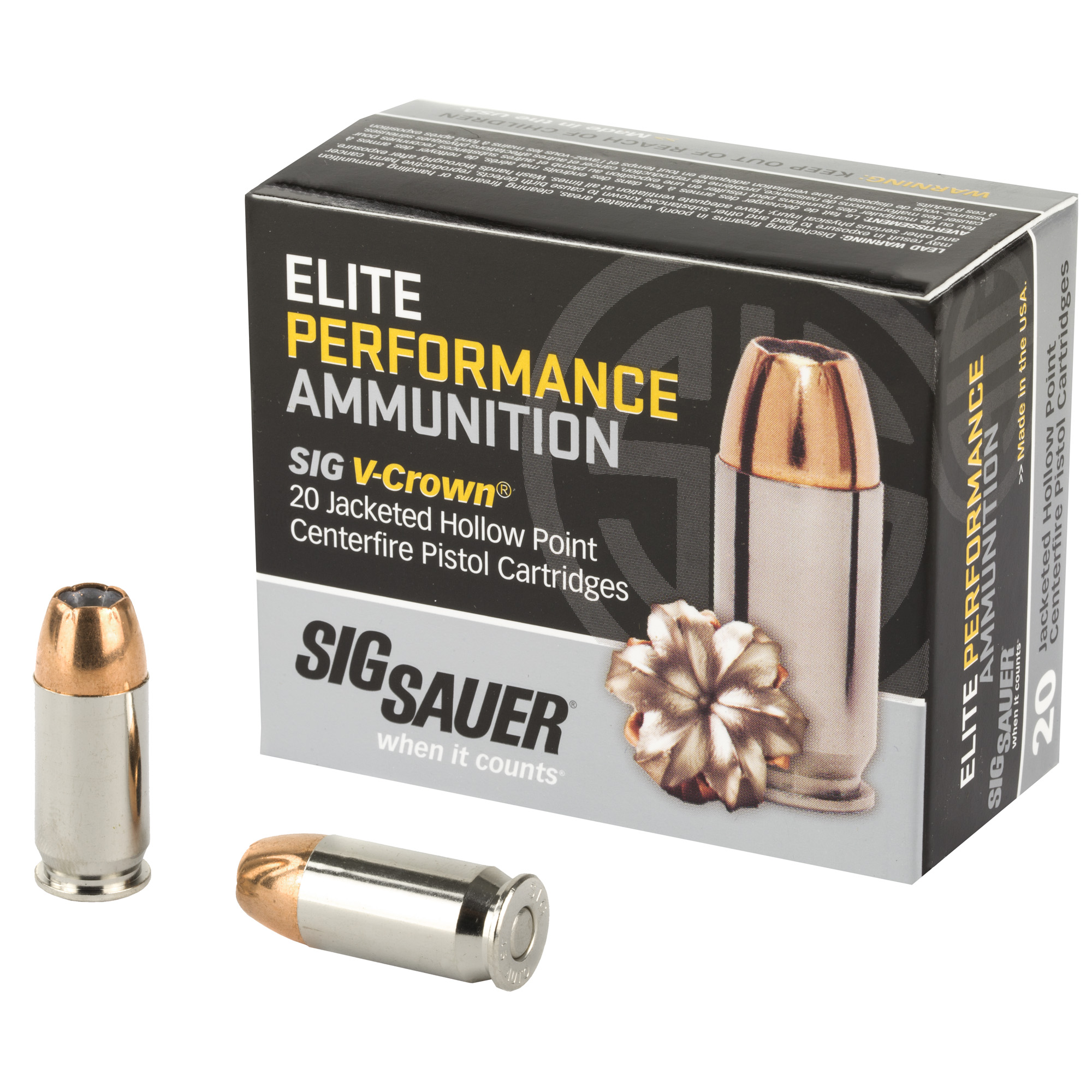 Sig Sauer, Elite Performance, 45 Acp, V Crown Jacketed Hollow Point, 185 Grain, 20 Rounds