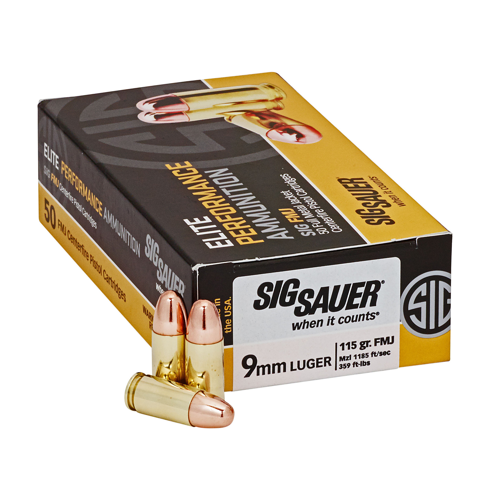 Sig Sauer, Elite Ball, 9mm Luger, Full Metal Jacket, 115 Grain, 50 Rounds