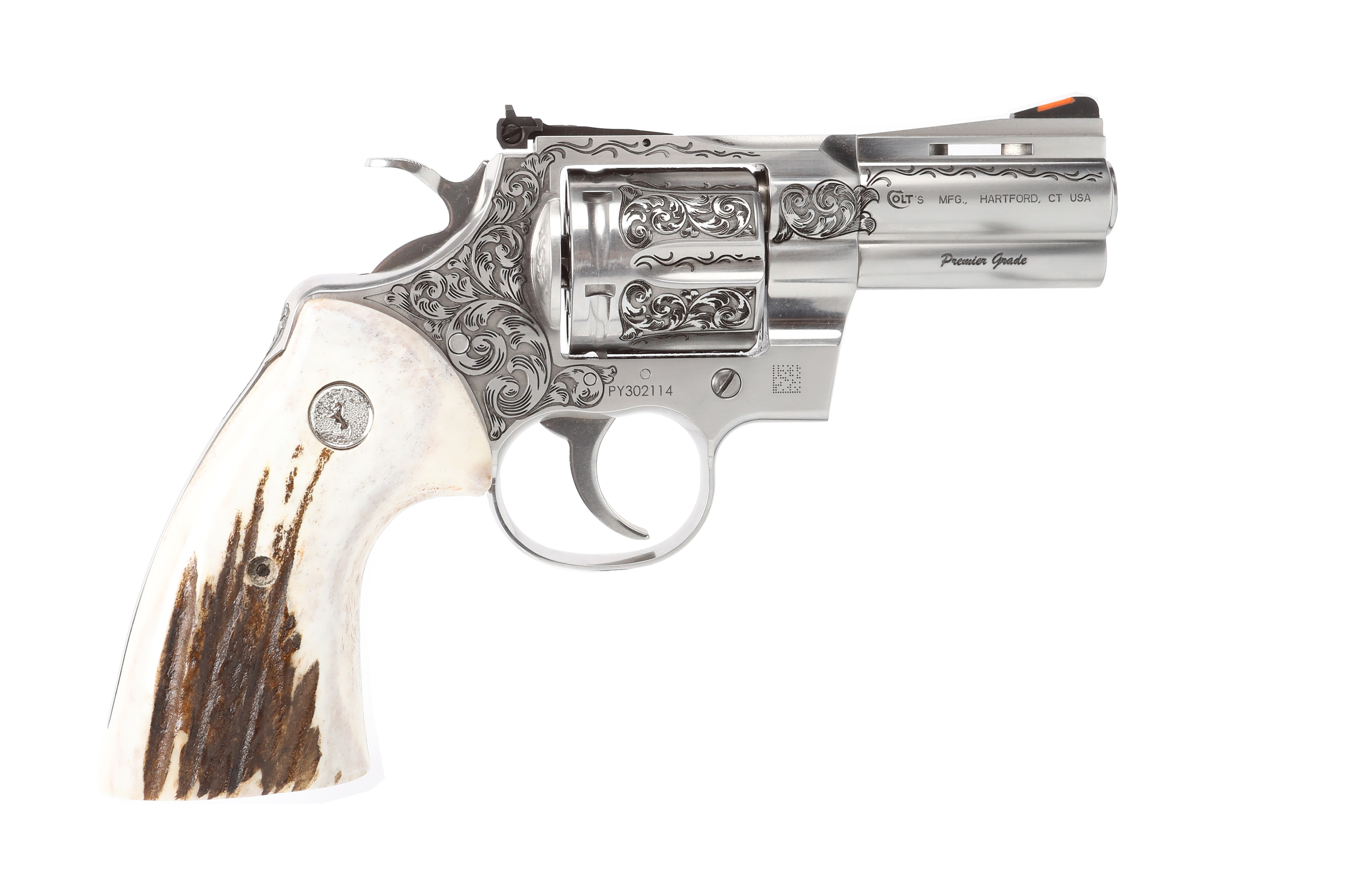 Colt Python 357 Magnum 3 Inch Barrel 6 Round Stainless Engraved Stag Grips