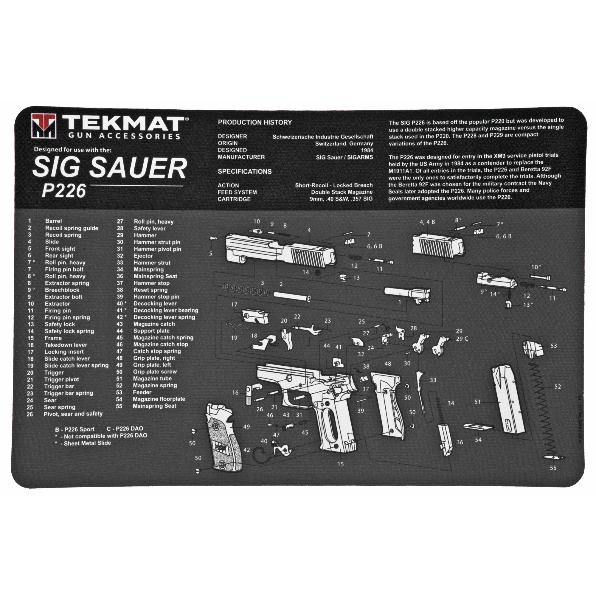 TekMat TEKR17SIGP226 Sig Sauer P226 Cleaning Mat Sig P226 Parts Diagram 11" x 17"