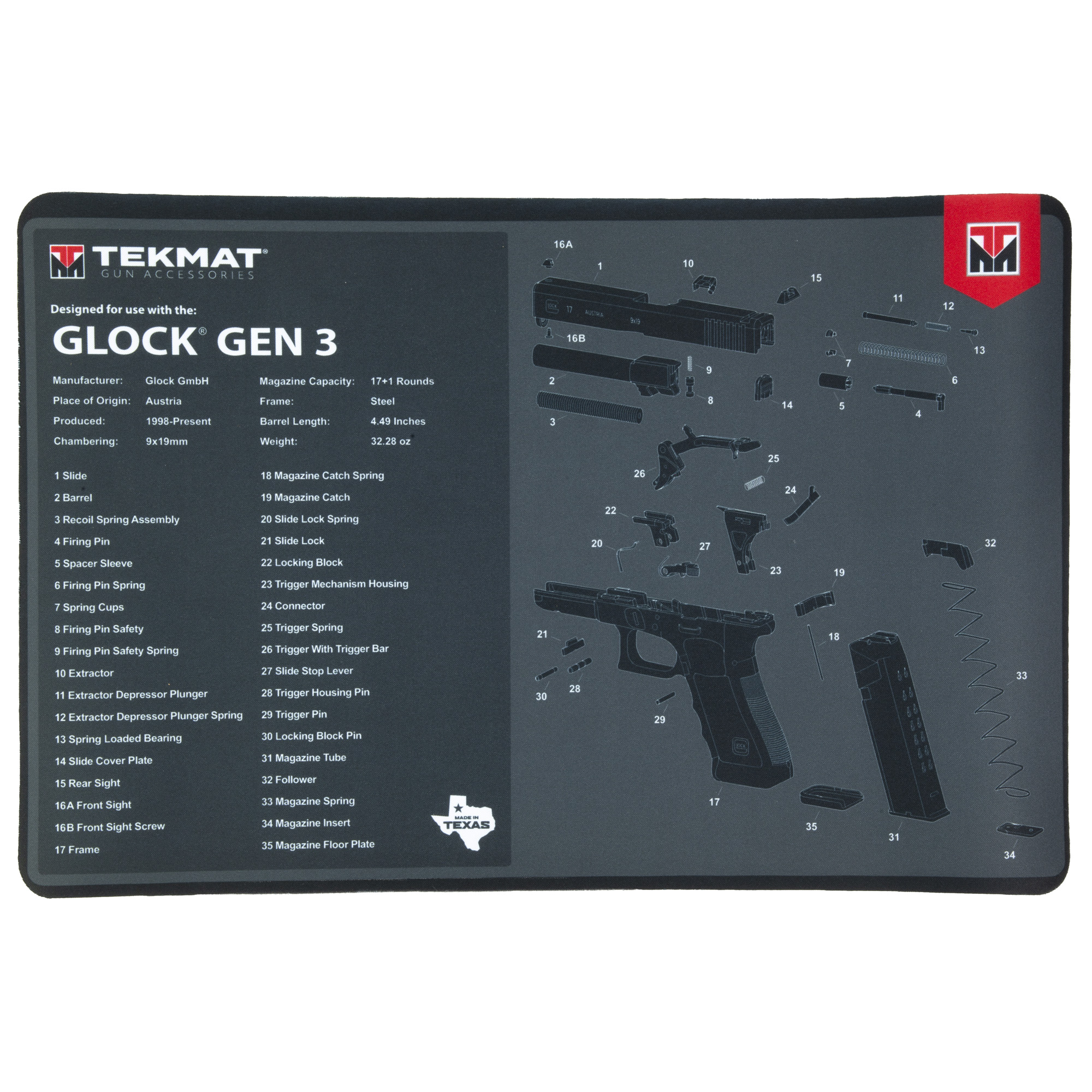 TekMat TEKR17GLOCKG3 Glock Gen 3 Glock Gen3 Parts Diagram 11" x 17"