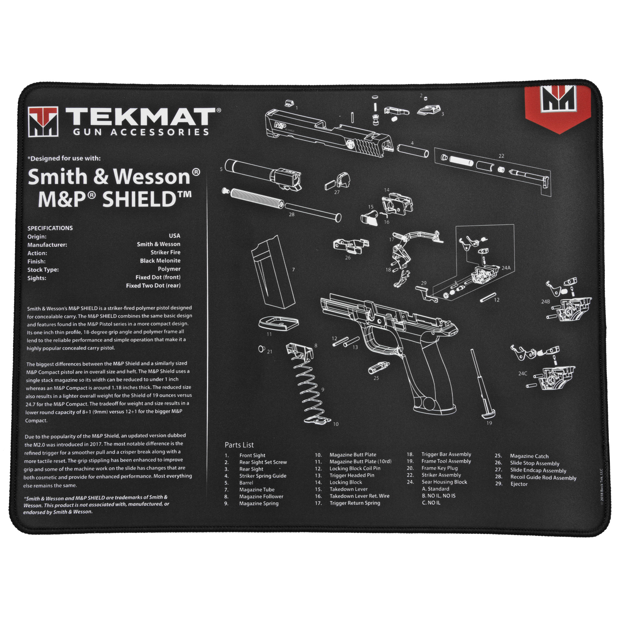 TekMat TEKR20SWMPSHIELD S&W M&P Shield Ultra 20 Cleaning Mat S&W M&P Shield Parts Diagram 15" x 20"