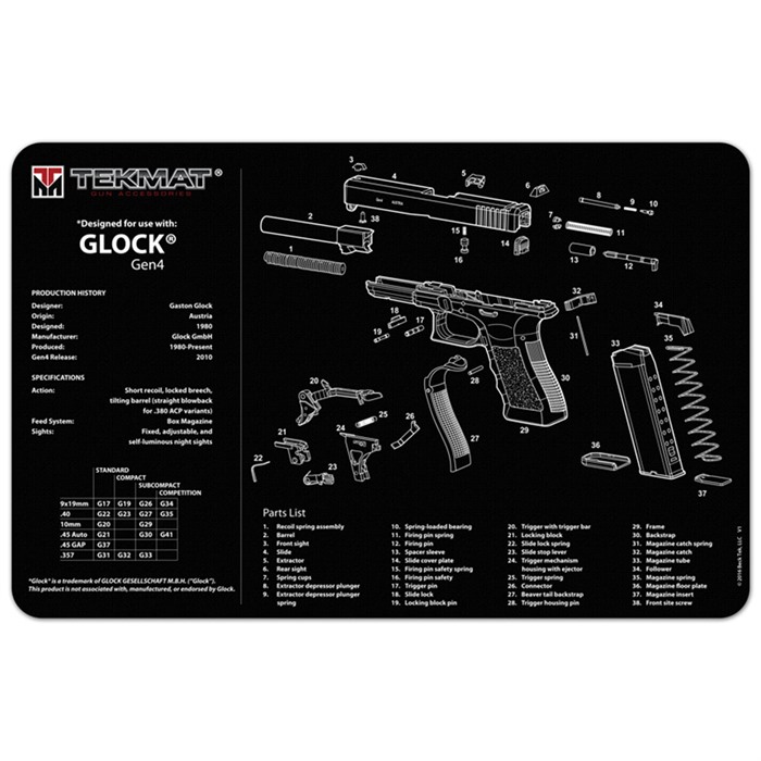 TekMat TEKR17GLOCK4243 Glock 42/43 Cleaning Mat Glock 42/43 Parts Diagram 11" x 17"