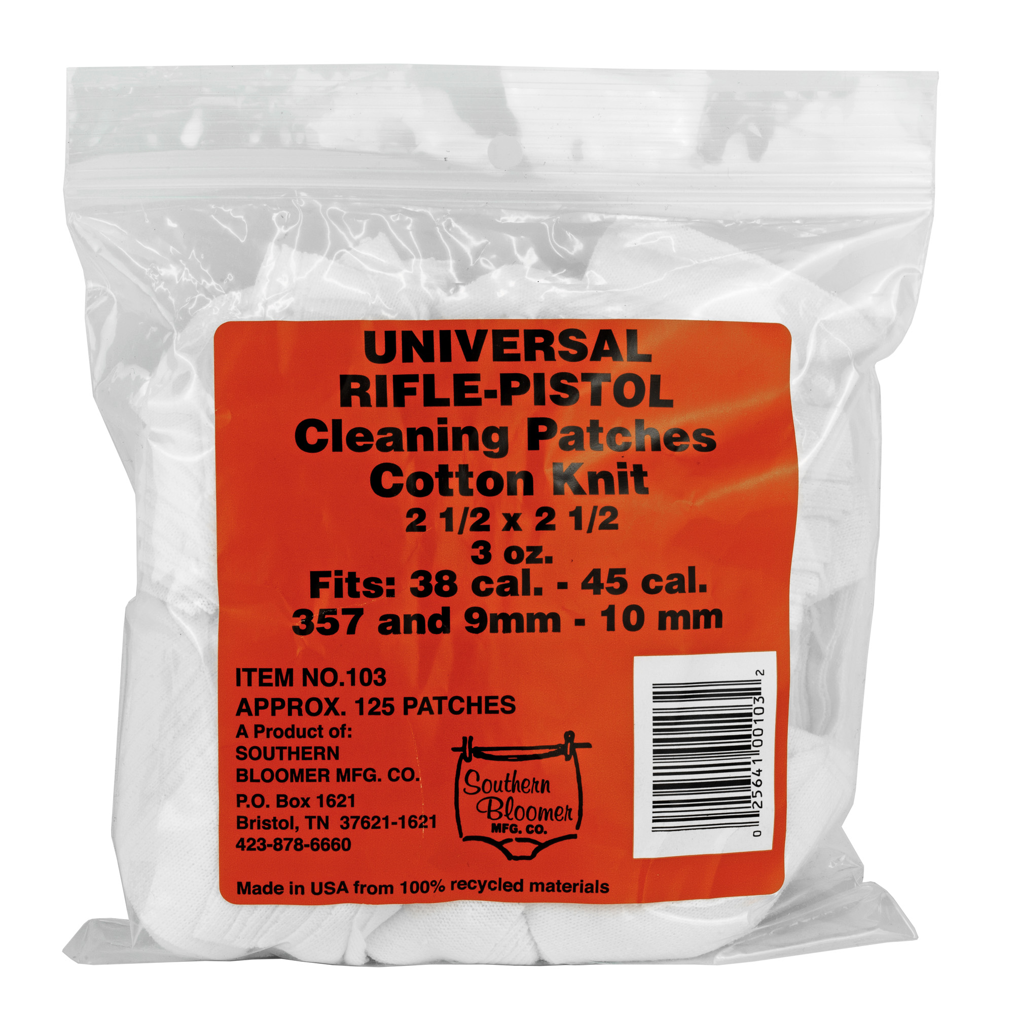 Southern Bloomer 103 Cleaning Patches  Cotton 2.50" x 2.50" 130 Per Bag Rifle/Handgun