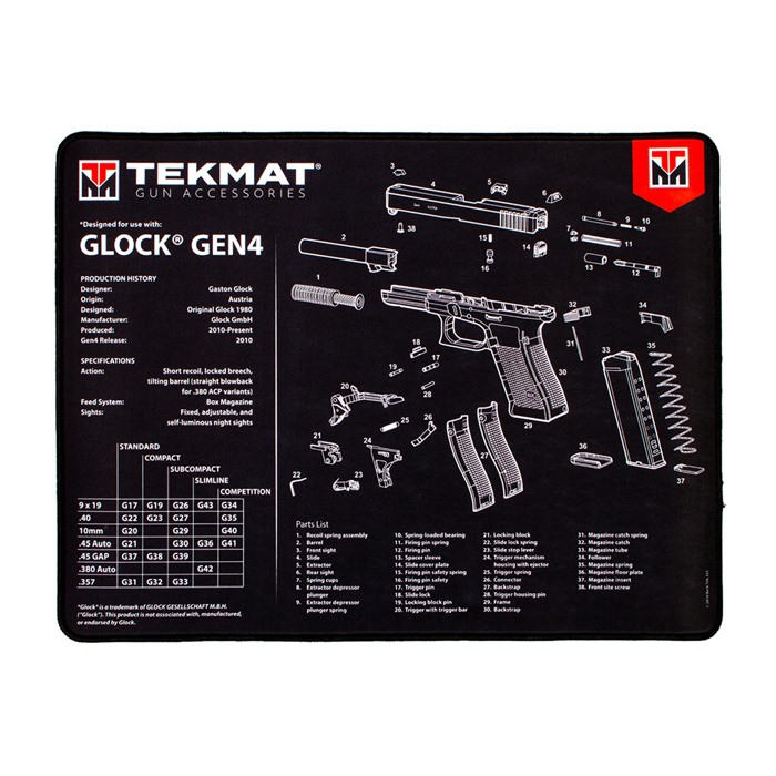 TekMat TEKR20GLOCKG4 Glock Gen4 Ultra 20 Cleaning Mat Glock Gen4 Parts Diagram 15" x 20"