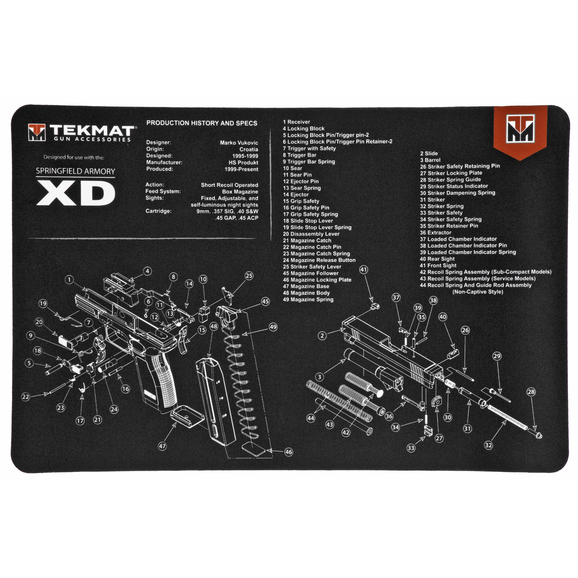 TekMat TEKR17XD Springfield Armory XD Cleaning Mat Springfield XD Parts Diagram 11" x 17"
