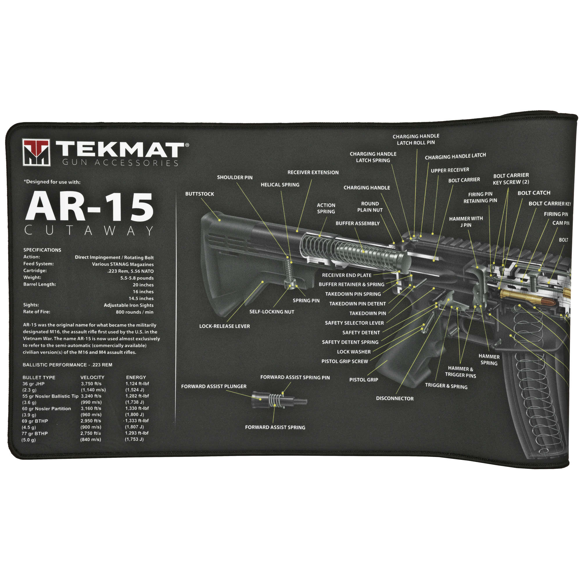TekMat TEKR44AR15CA AR-15 Cutaway Cleaning Mat Black/White Rubber 44" Long  AR-15 3D Cutaway Illustration
