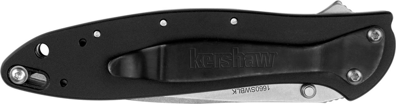Kershaw 1660SWBLK Leek  3" Folding Drop Point Plain Stonewashed 14C28N Steel Blade Black Anodized Aluminum Handle Includes Pocket Clip