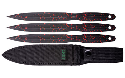 CRKT K930RKP Onion Throwing Knives 6.25" Fixed Spear Point Plain Non-Sharp Black/Red Spatter 1050 High Carbon  Includes Sheath 3 Blades