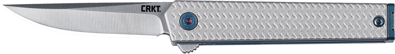 CRKT 7081 CEO Microflipper Micro 2.36" Flipper Drop Point Plain Satin 12C27 Sandvik Blade, Silver Textured w/Blue Liner & Accents Aluminum Handle, Includes Pocket Clip