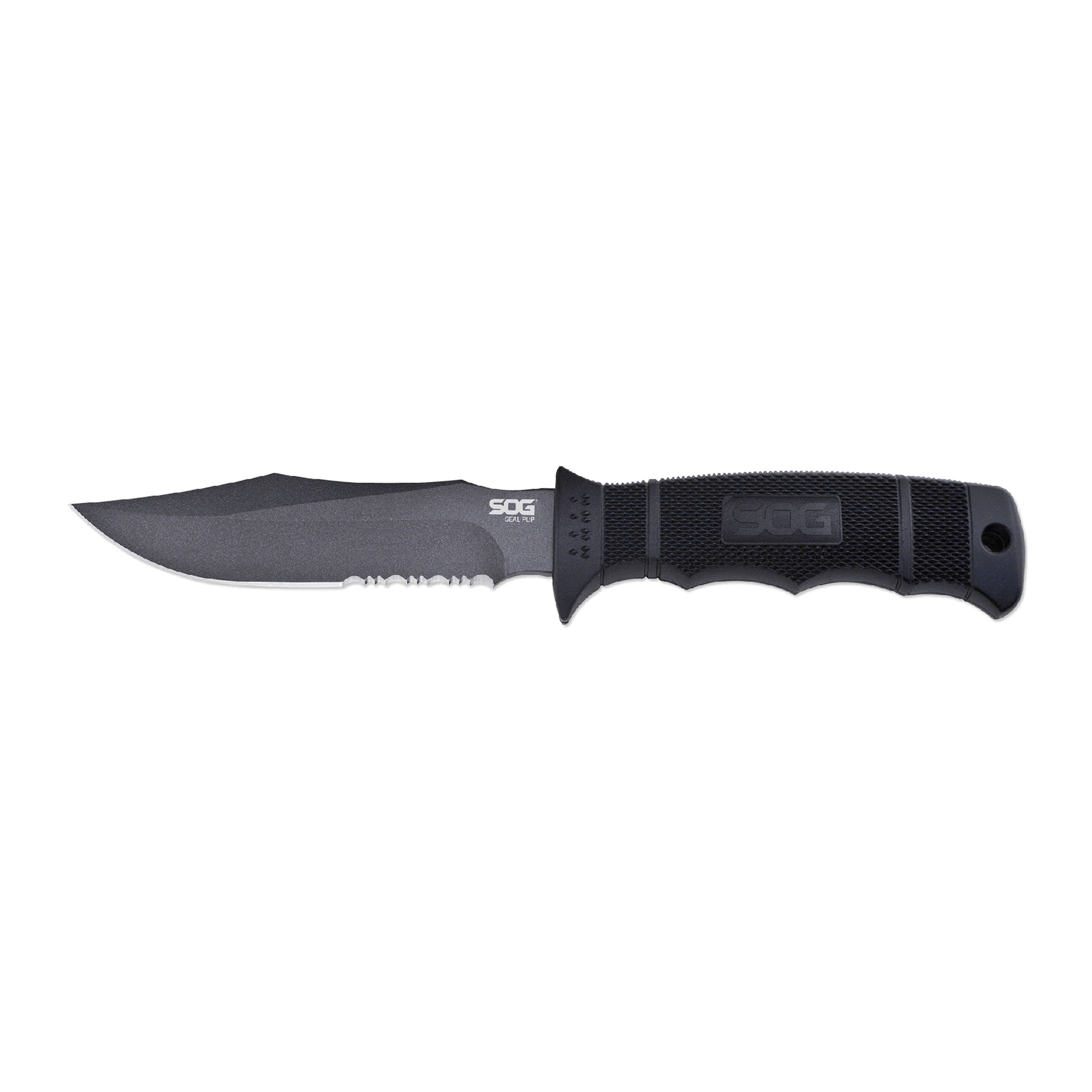 S.O.G SOGM37NCP Seal Pup  4.75" Fixed Clip Point Part Serrated Powder Coated AUS-8A SS Blade Black w/Raised Diamond Pattern GRN Handle Includes Lanyard/Sheath