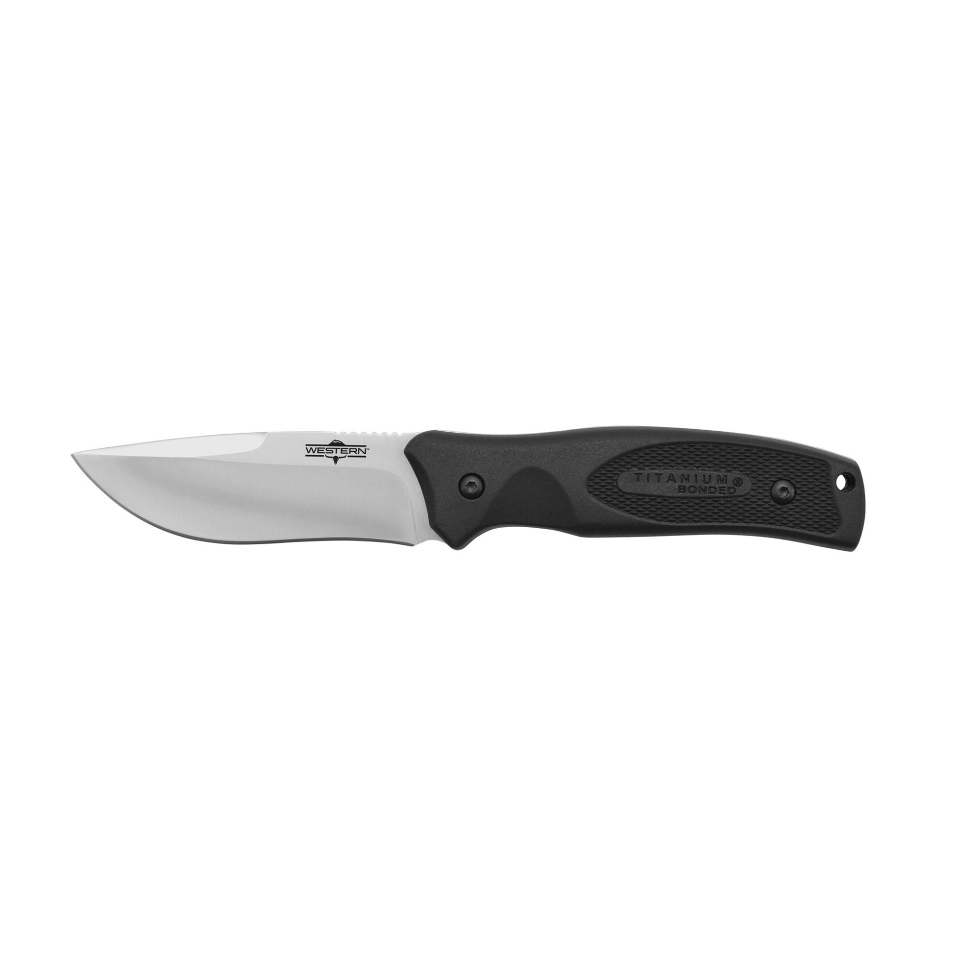 Camillus 19232 Western Black River 3.75" Fixed Drop Point Plain Satin 420 Steel Titanium Bonded Blade, Black Rubber Handle, Includes Sheath
