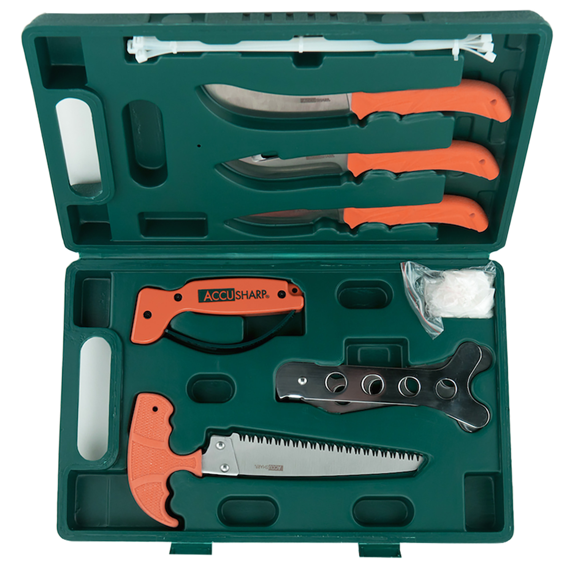 AccuSharp 728C Game Processing Kit Butcher/Caper/Gut-Hook/Bone Saw/Ribcage Spreader Gut Hook/Saw/Plain Stainless Steel Blade Orange FRN Handle