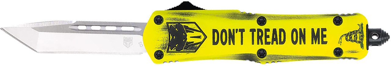 CobraTec Knives MDTOMFS3TNS FS-3 Don't Tread On Me Medium 3" OTF Tanto Plain D2 Steel Blade Yellow w/"Don't Tread On Me" Aluminum Cerakoted Handle Features Glass Breaker Includes Pocket Clip