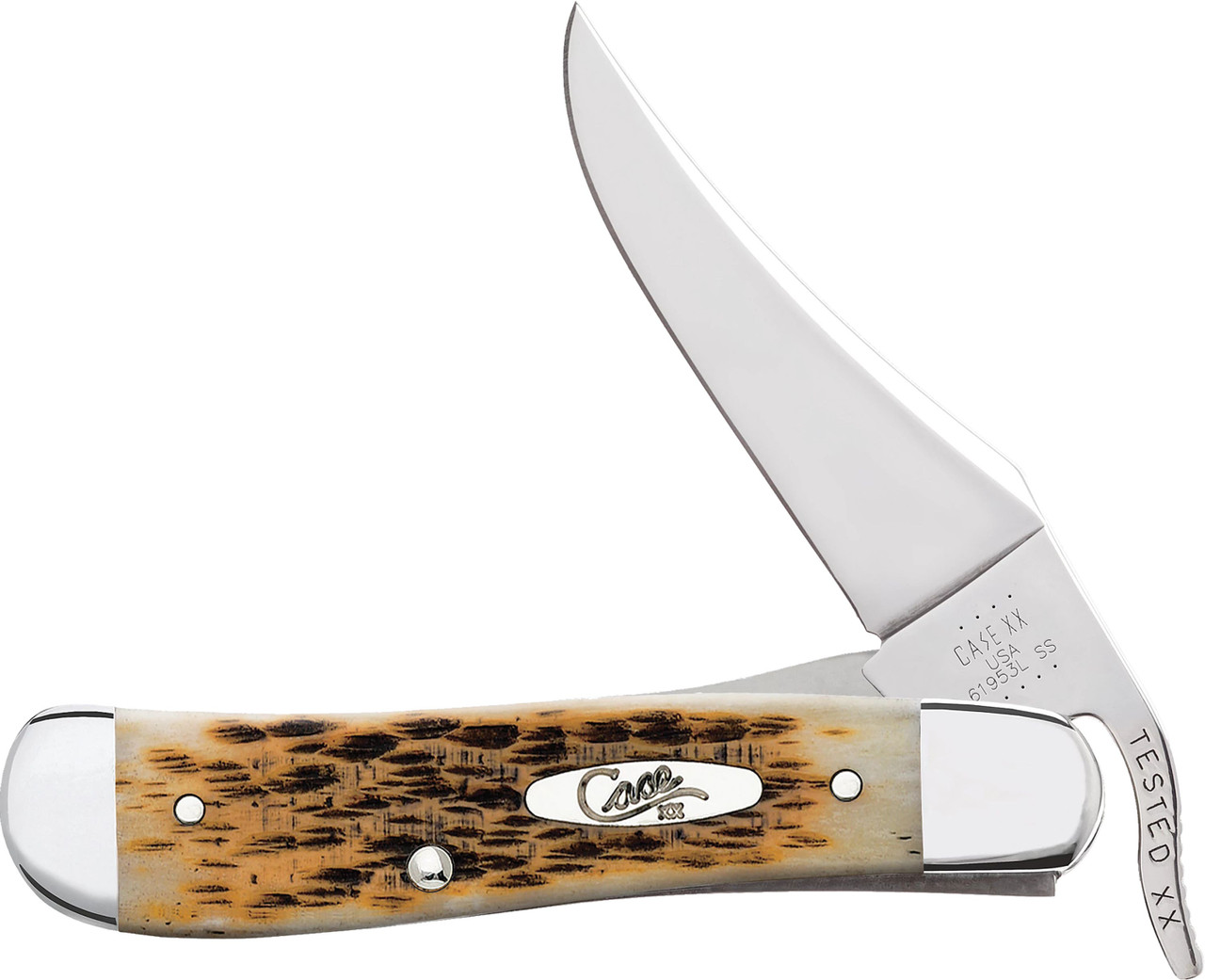 Case 0260 6 RussLock  2.70" Folding RussLock Clip Plain Mirror Polished Tru-Sharp SS Blade/Peach Seed Jigged Amber Bone Handle