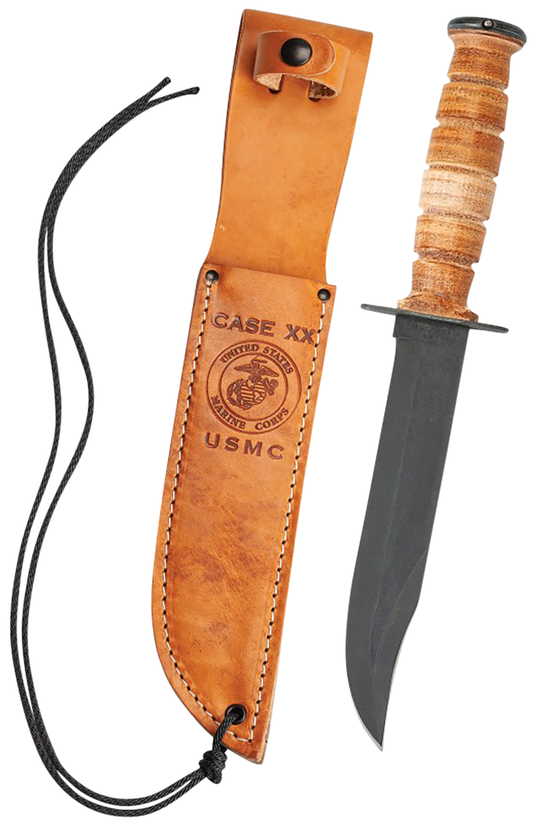 Case 00334 USMC  7" Fixed Clip Point Plain Blackened 1095 Carbon Steel Blade Grooved Leather Handle