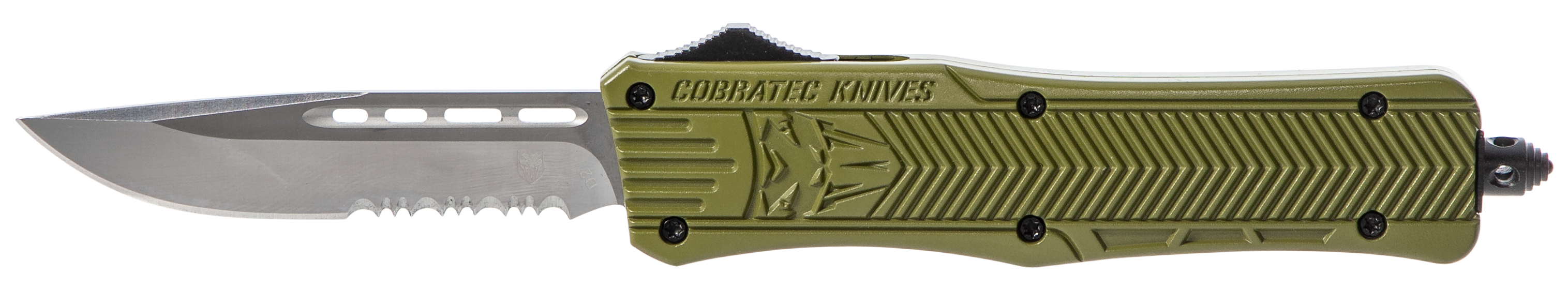 CobraTec Knives MODCTK1MDS CTK-1  Medium 3" OTF Drop Point Part Serrated D2 Steel Blade/OD Green Aluminum Handle Features Glass Breaker Includes Pocket Clip