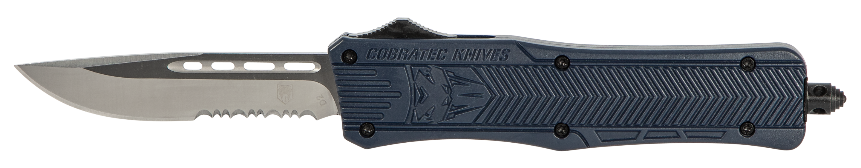 CobraTec Knives MNYCTK1MDS CTK-1  Medium 3" OTF Drop Point Part Serrated D2 Steel Blade/NYPD Blue Aluminum Handle Features Glass Breaker Includes Pocket Clip