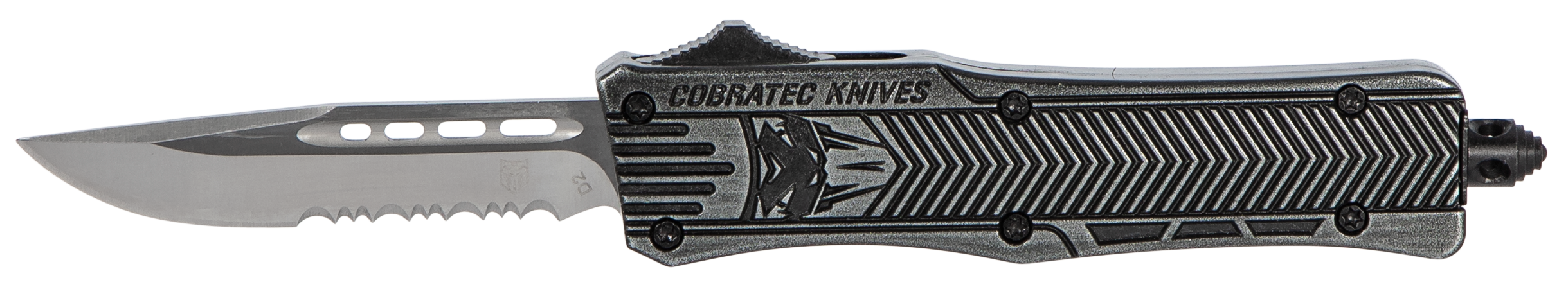 CobraTec Knives SSWCTK1SDS CTK-1  Small 2.75" OTF Part Serrated D2 Steel Blade/Black Stonewashed Aluminum Handle Features Glass Breaker Includes Pocket Clip