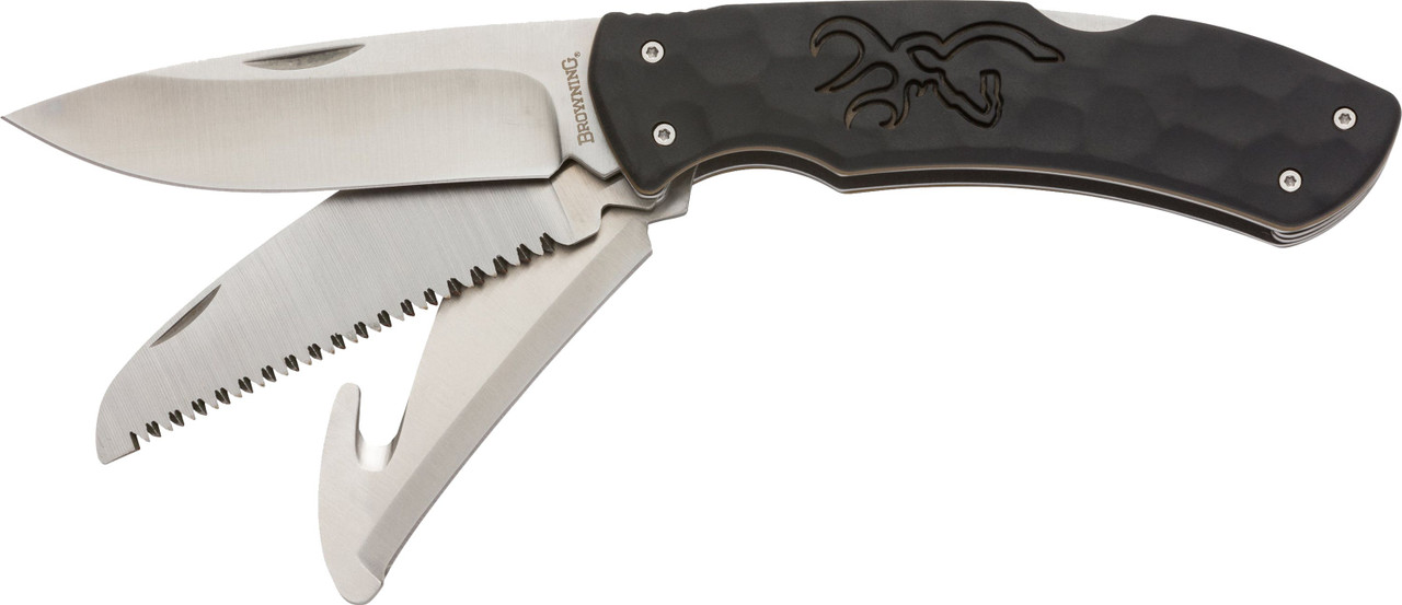 Browning 3220430 Primal Kodiak Slim 3.75" Folding Drop Point/Gut Hook/Saw 8Cr13MoV SS Blade Black Polymer w/Rubber Overmold Handle Includes Nylon Belt Pouch
