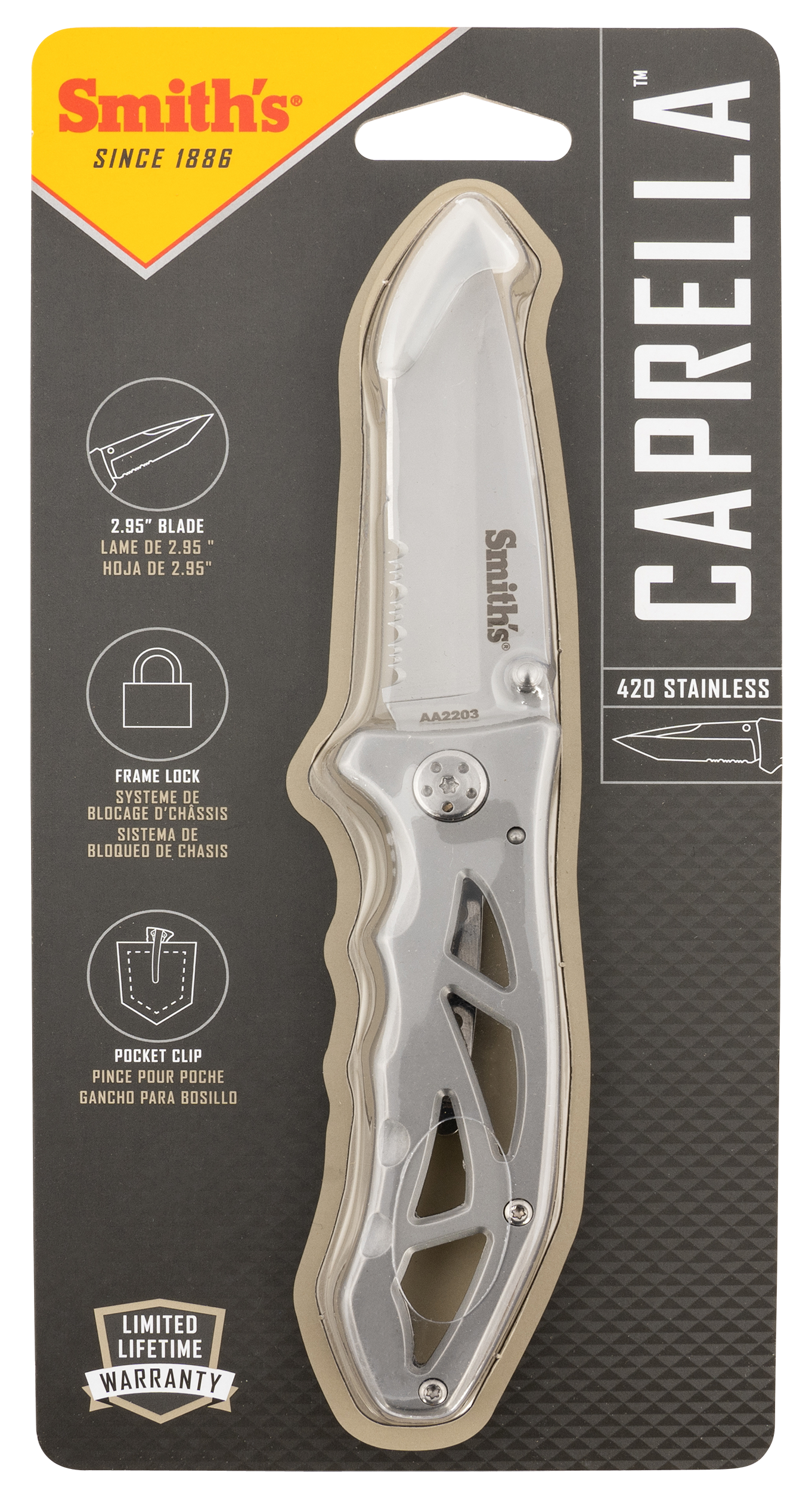 Smiths Products 51009 Caprella  2.95" Folding Drop Point Part Serrated Bead Blasted 400 SS Blade/Silver Skeletonized Stainless Steel Handle Includes Pocket Clip