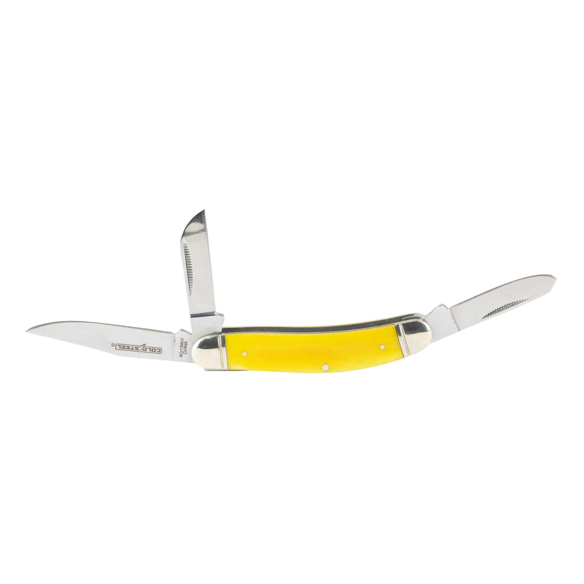 Cold Steel CSFLGSTKMY Gentleman's Stockman 2"/2.10"/2.50" Folding Clip/Sheepsfoot/Spey Plain 8Cr13MoV SS Blade/Yellow w/Polished Bolsters Bone Handle