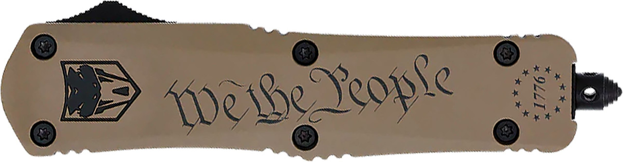 CobraTec Knives MWTPFS3DNS FS-3 We The People Medium 3" OTF Drop Point Plain D2 Steel Blade Tan w/"We The People" Aluminum Cerakoted Handle Features Glass Breaker Includes Pocket Clip