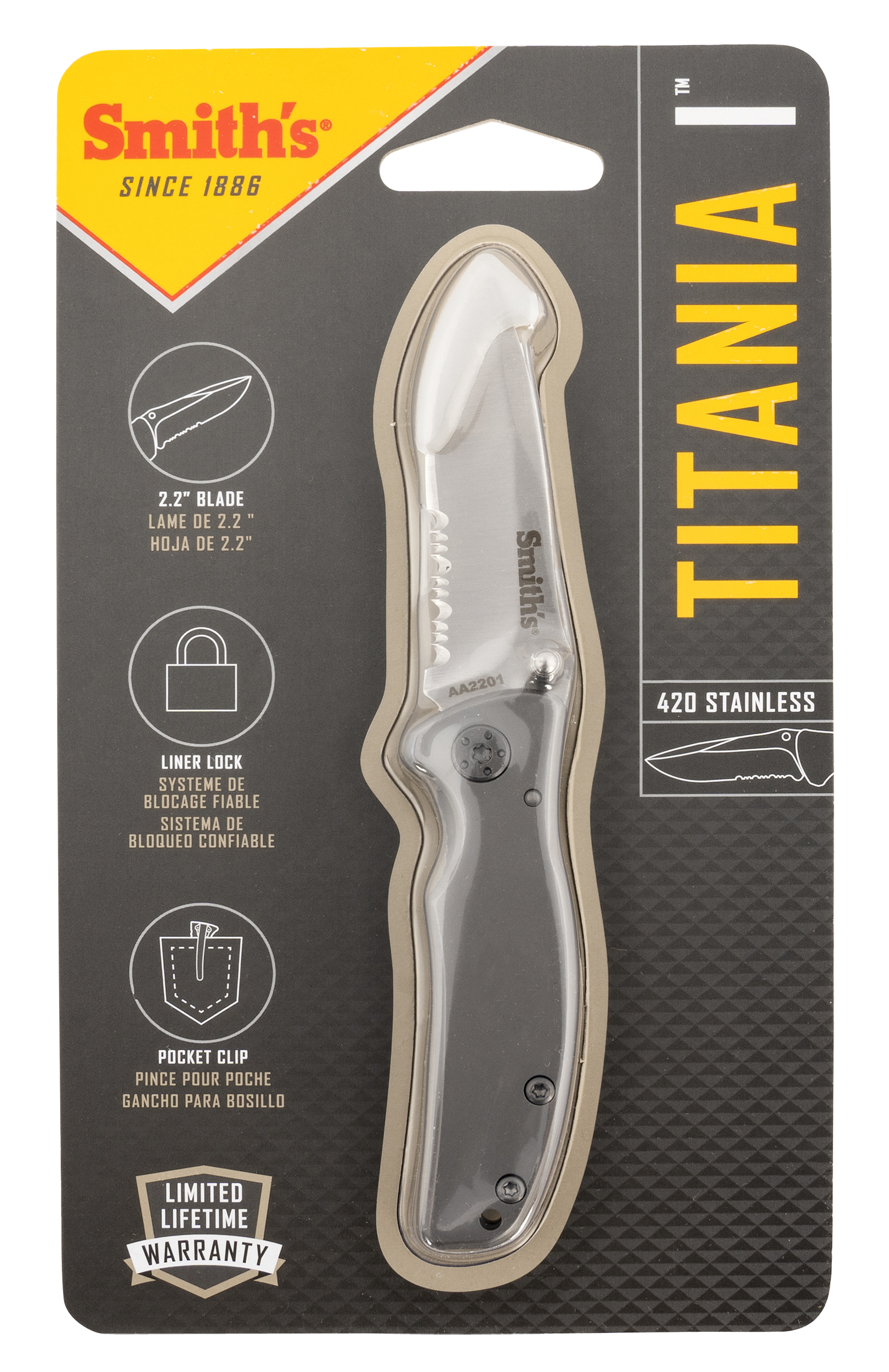 Smiths Products 51007 Titania I 2.20" Folding Drop Point Part Serrated Satin Titanium Coated Stainless Steel Blade/ Stainless Steel Handle Includes Pocket Clip