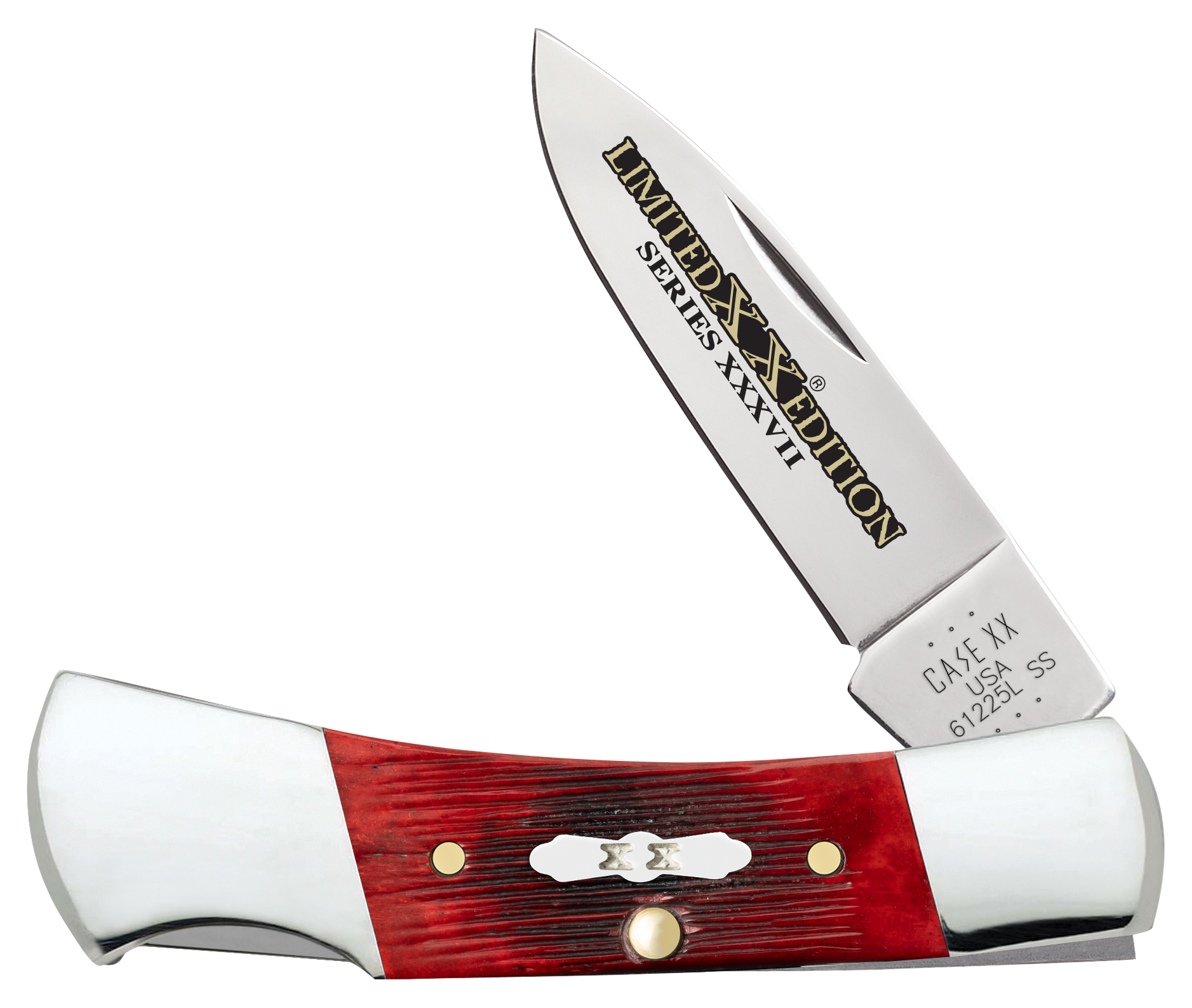Case 12211 Limited Edition XXXVII Lockback Folding Locking Drop Point Plain Mirror Polished w/Engraving Tru-Sharp SS Blade/ Old Red Barnboard Jig/SS Stag Bone/Nickle Handle                            