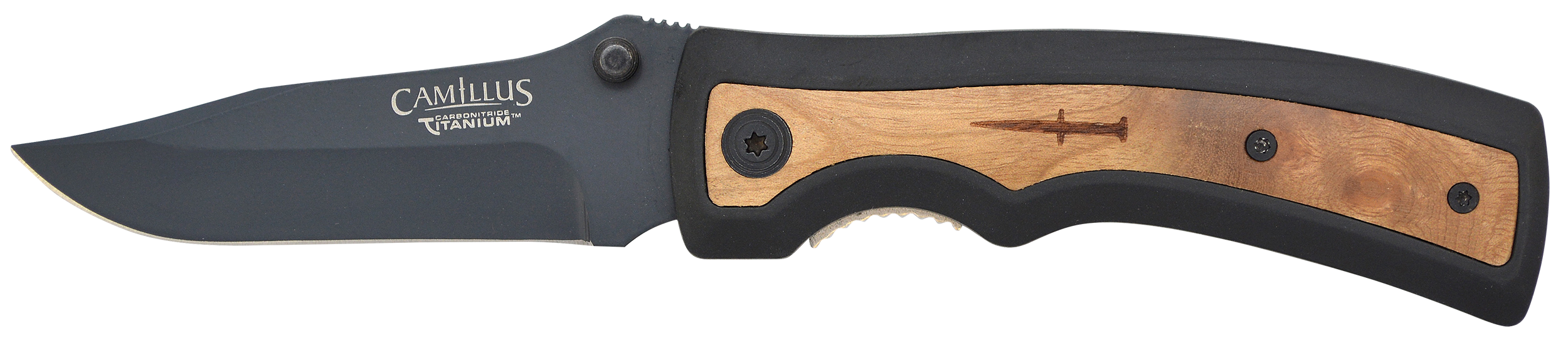 Camillus 19076-001 Slick  3" Folding Clip Point Plain Black Carbonitride Titanium AUS-8A SS Blade, 5" Black Rubber/Wood Handle