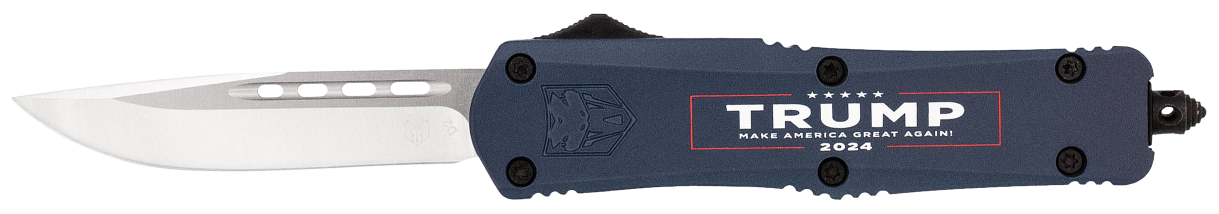 CobraTec Knives MTRP24BLUDNS FS-3 Trump 2024 Medium OTF Drop Point Plain Satin D2 Steel Blade, 4.50" Blue w/Trump, Make America Great Again Aluminum Cerakoted Handle
