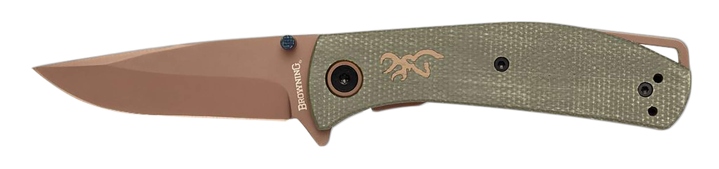 Browning 3220516B Trailside  EDC Small 3" Folding Modified Drop Point Plain Titanium Finish D2 Steel Blade, Green Micarta Handle, Boxed Pkg