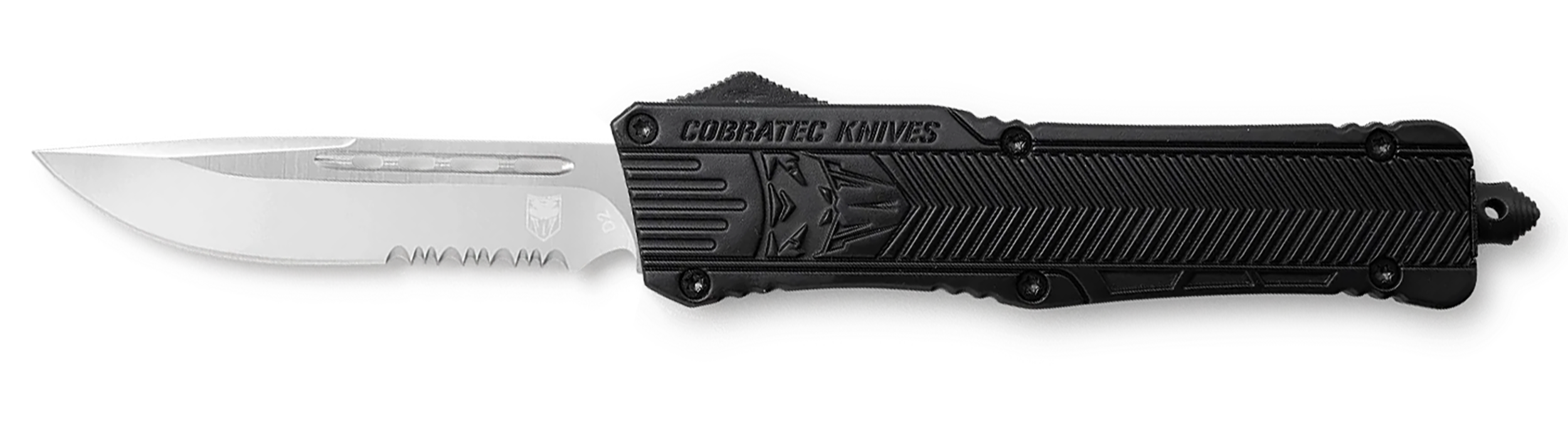 CobraTec Knives LBCTK1LDS CTK-1  Large 3.75" OTF Drop Point Part Serrated D2 Steel Blade/ Black Aluminum Handle Features Glass Breaker Includes Pocket Clip