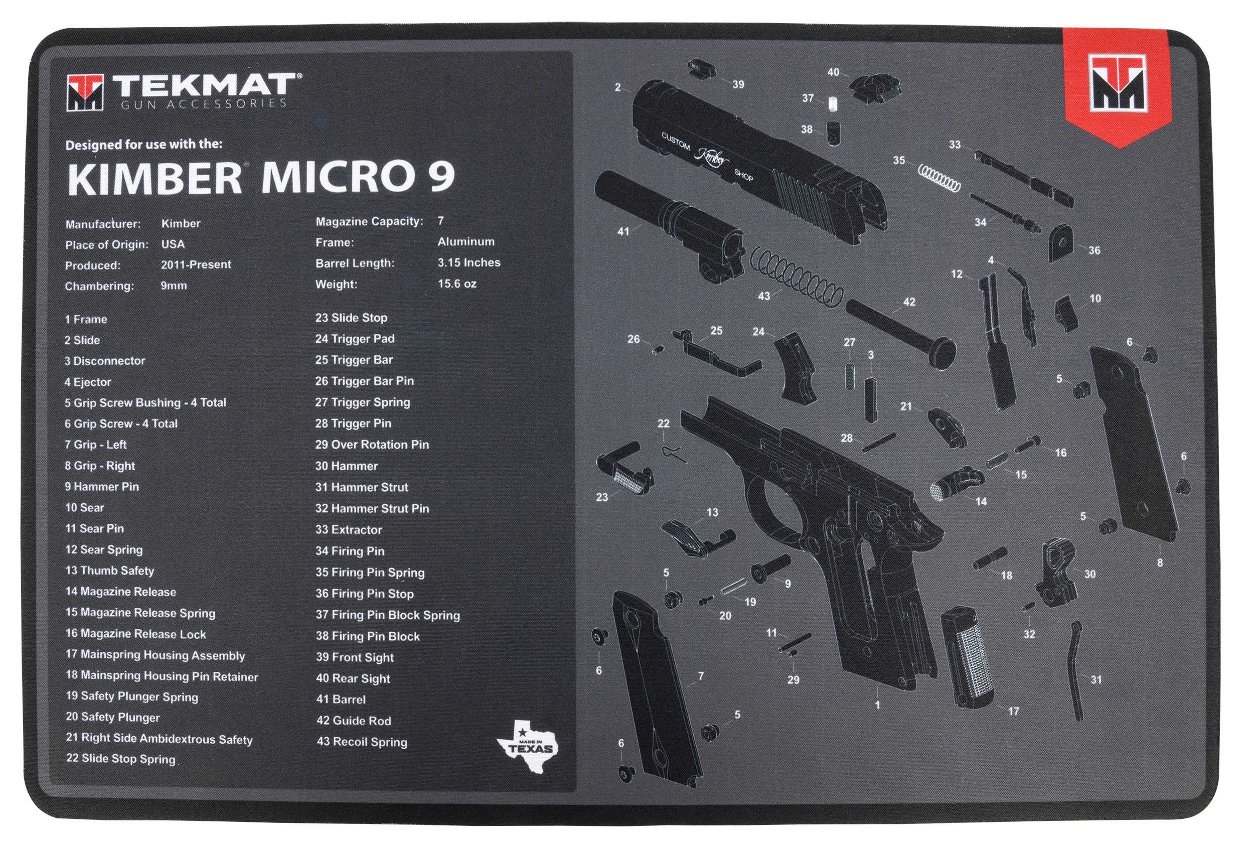 TekMat TEKR17KIMBERMCR9 Kimber Micro 9 Cleaning Mat Kimber Micro 9 Parts Diagram 11" x 17"