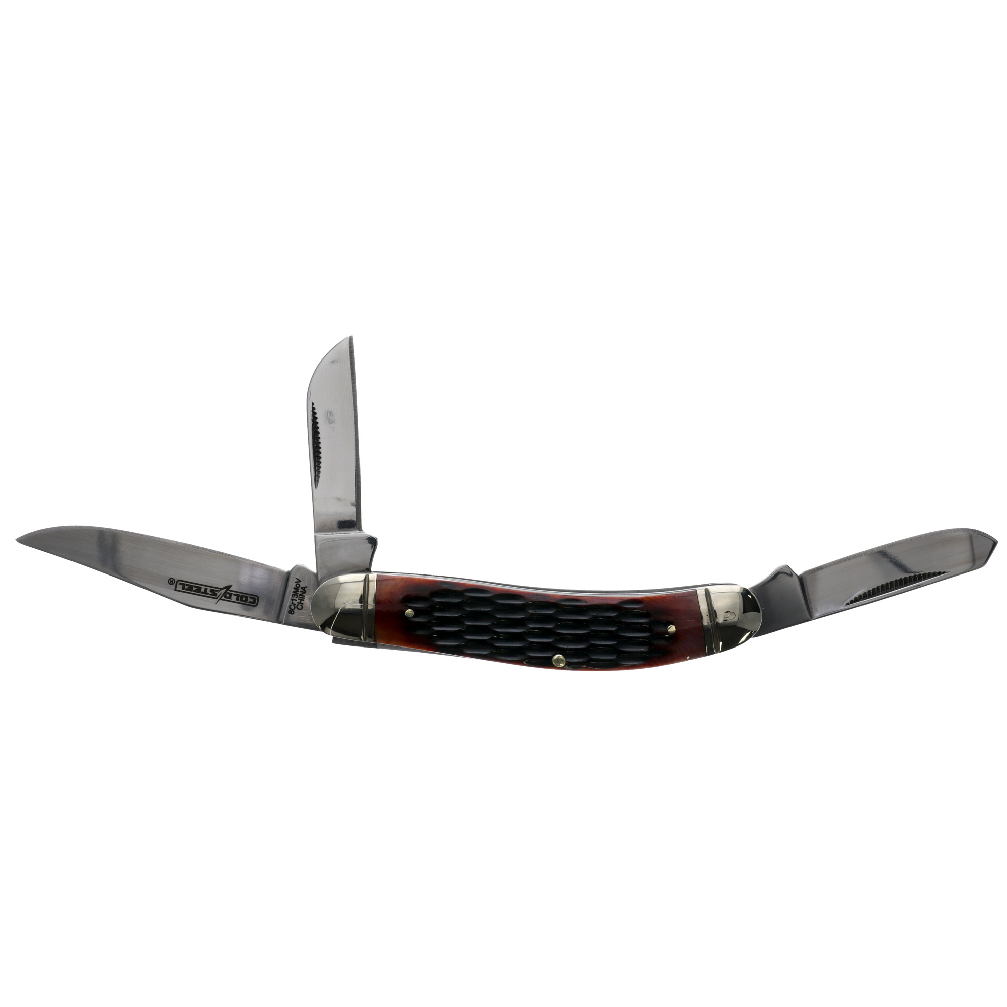 Cold Steel CSFLGSTKMJ Gentleman's Stockman 2"/2.10"/2.50" Folding Clip/Sheepsfoot/Spey Plain 8Cr13MoV SS Blade/Brown Jigged w/Polished Bolsters Bone Handle