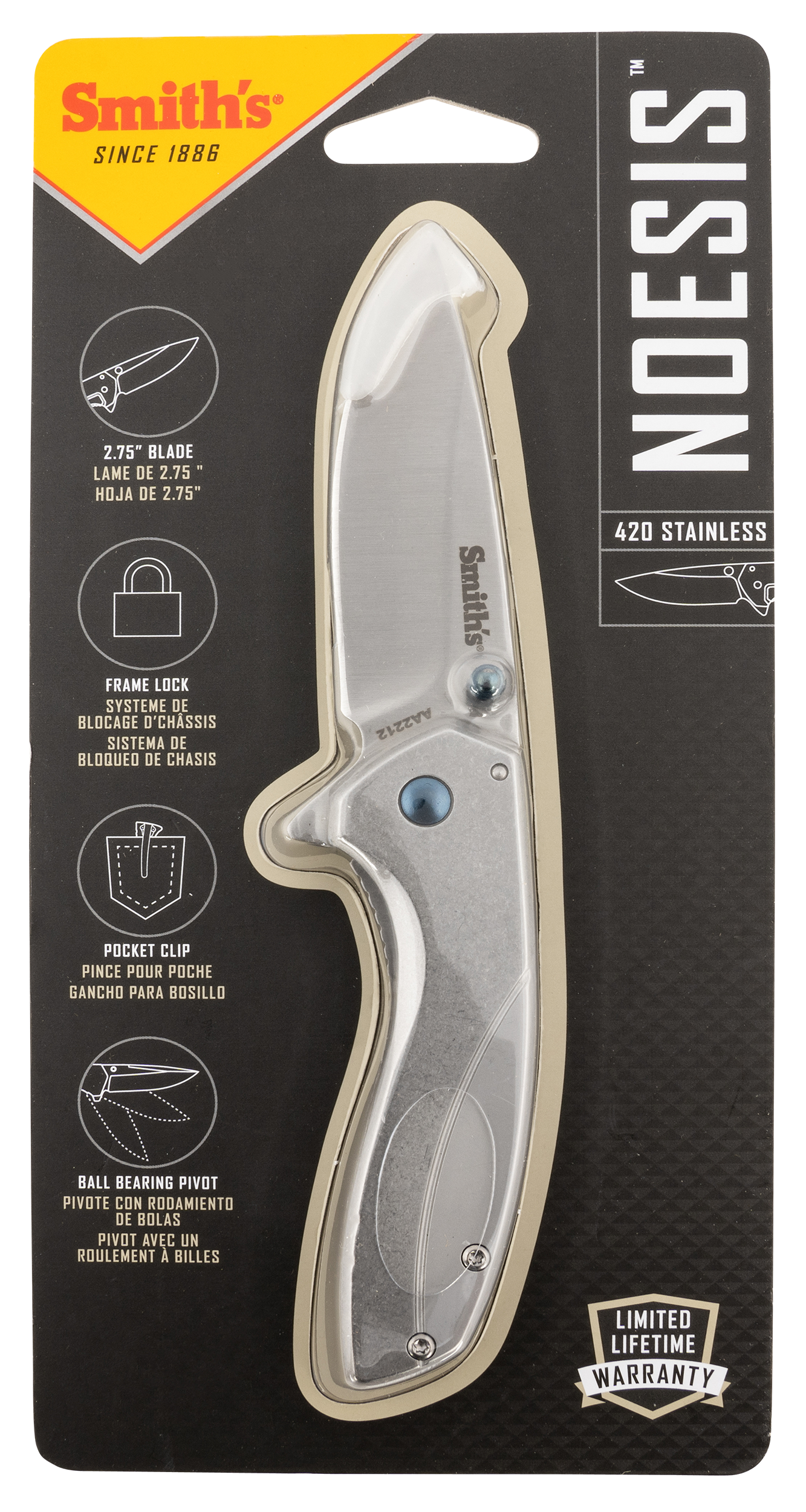 Smiths Products 51245 Noesis  2.75" Folding Drop Point Plain Satin 400 SS Blade/Bead Blasted Stainless Steel Handle Includes Pocket Clip