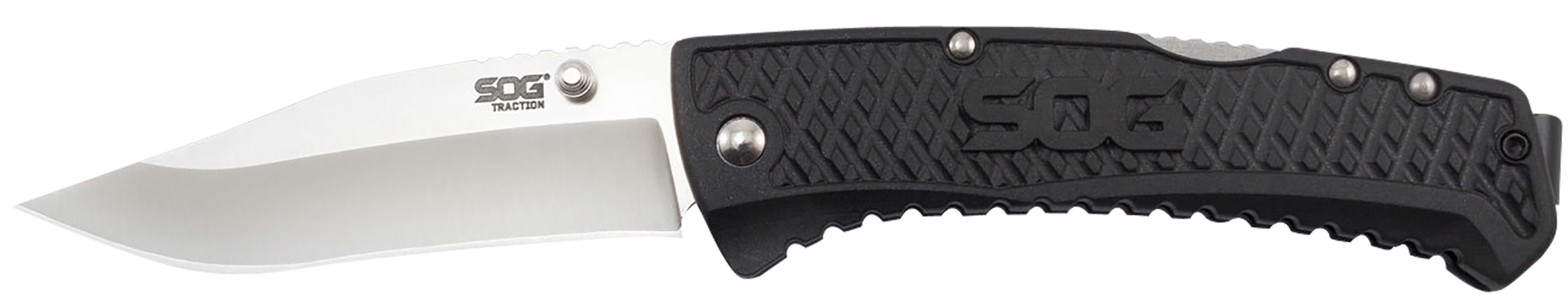 S.O.G SOG-TD1011-C Traction  3.50" Folding Clip Point Plain Satin 5Cr13MoV SS Blade Black Textured GRN Handle Includes Pocket Clip
