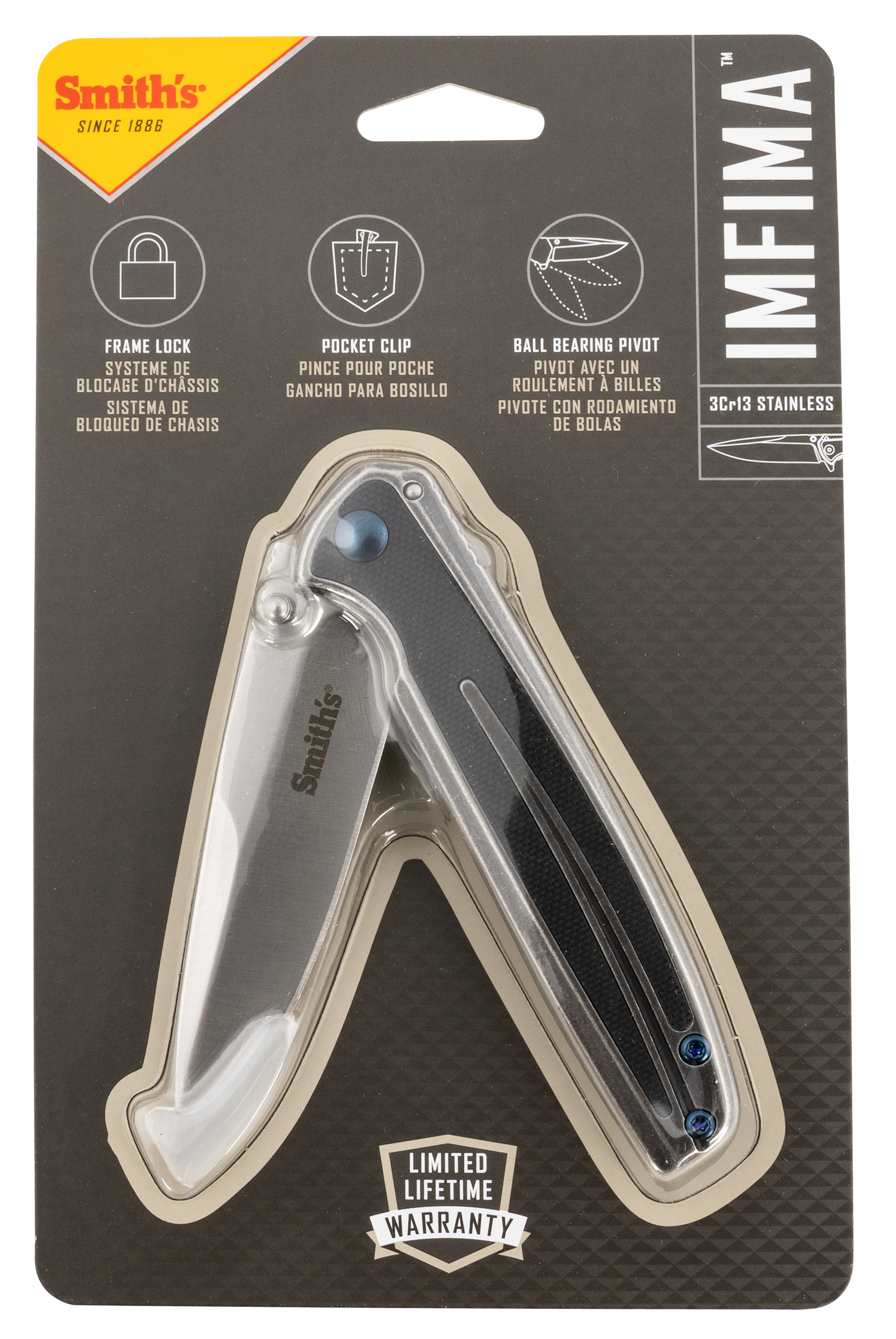 Smiths Products 51275 Imfima  3.26" Folding Drop Point Plain Bead Blasted 3Cr13MoV SS Blade/ Bead Blasted Stainless Steel Handle Includes Pocket Clip