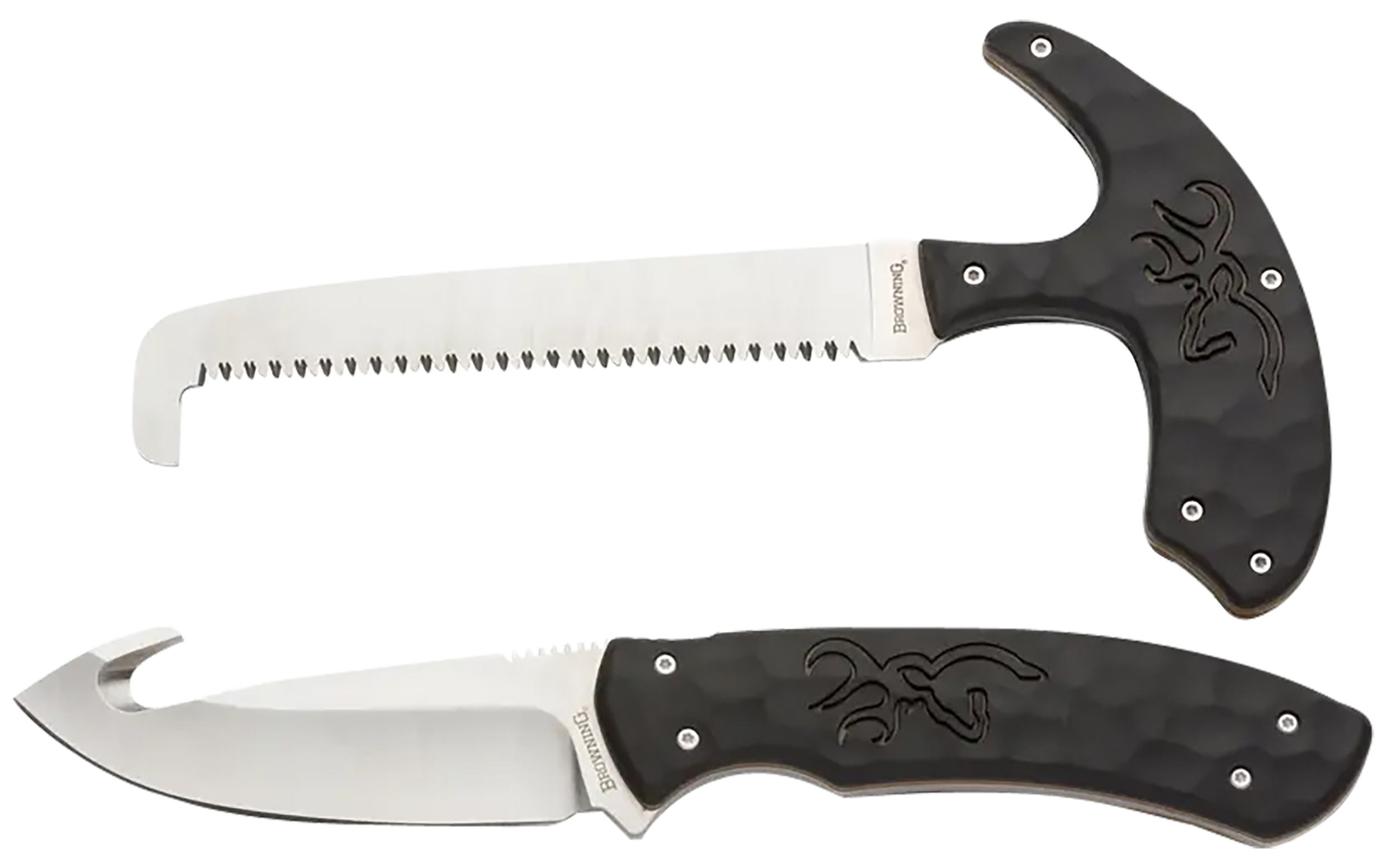 Browning 3220420 Primal Combo  3.75"/5.25" Fixed Drop Point Gut Hook/Skinner, Saw 8Cr13MoV SS Blade, Black Polymer w/Rubber Overmold & Finger Grooves Handle, 2 Piece Set, Includes Sheath