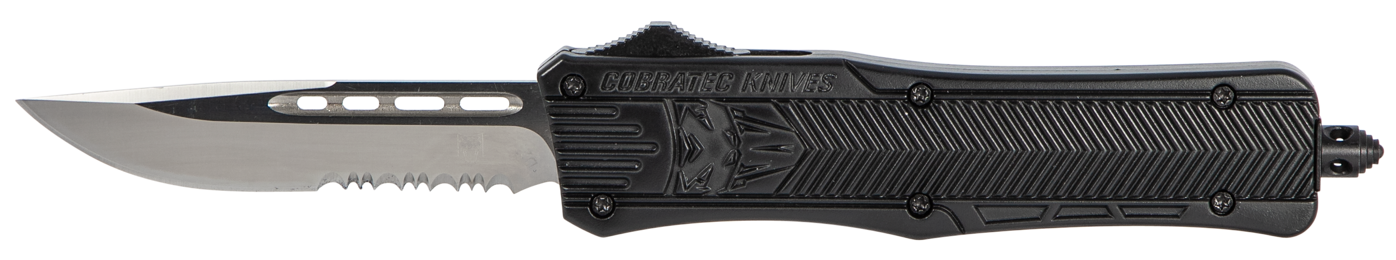 CobraTec Knives MBCTK1MDS CTK-1  Medium 3" OTF Drop Point Part Serrated D2 Steel Blade/Black Aluminum Handle Features Glass Breaker Includes Pocket Clip