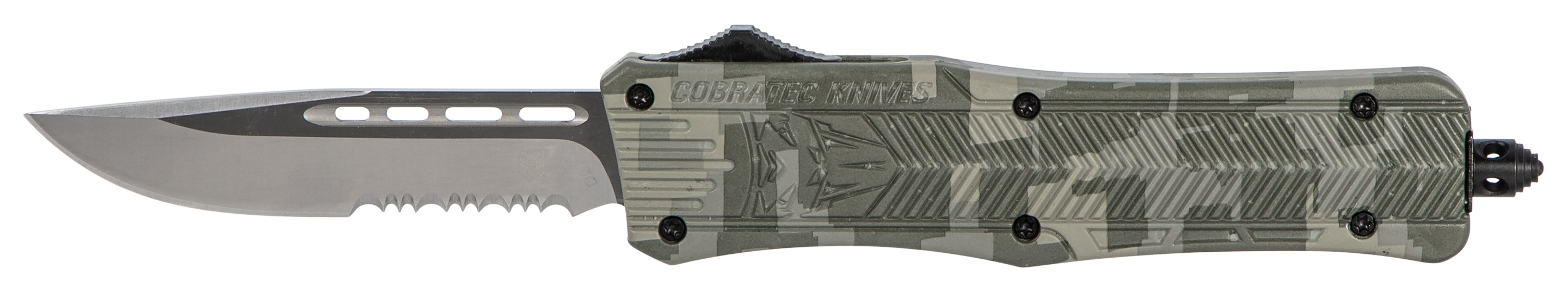 CobraTec Knives MADCCTK1MDS CTK-1  Medium 3" OTF Part Serrated D2 Steel Blade Army DigiCamo Aluminum Handle Features Glass Breaker Includes Pocket Clip