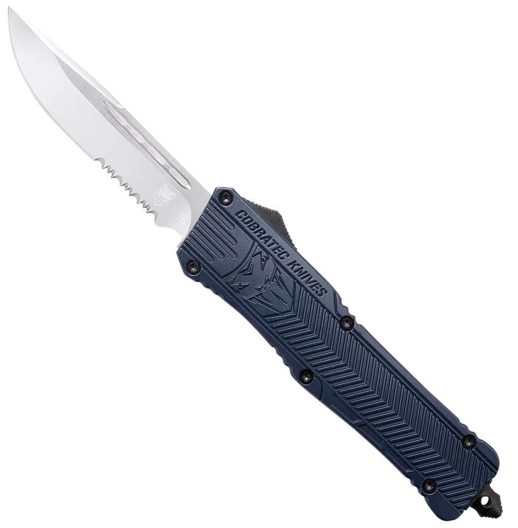 CobraTec Knives LNYCTK1LDS CTK-1  Large 3.75" OTF Drop Point Part Serrated D2 Steel Blade/ NYPD Blue Aluminum Handle Features Glass Breaker Includes Pocket Clip