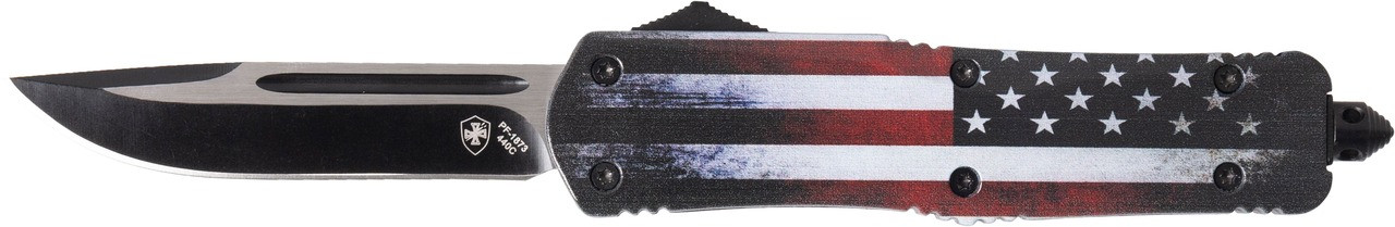 Templar Knife LUS331 US Flag Gen II Large 3.50" OTF Drop Point Plain Black Oxide Stonewashed 440C SS Blade/ 5.25" US Flag Aluminum Handle Features Glass Breaker Includes Pocket Clip/Sheath