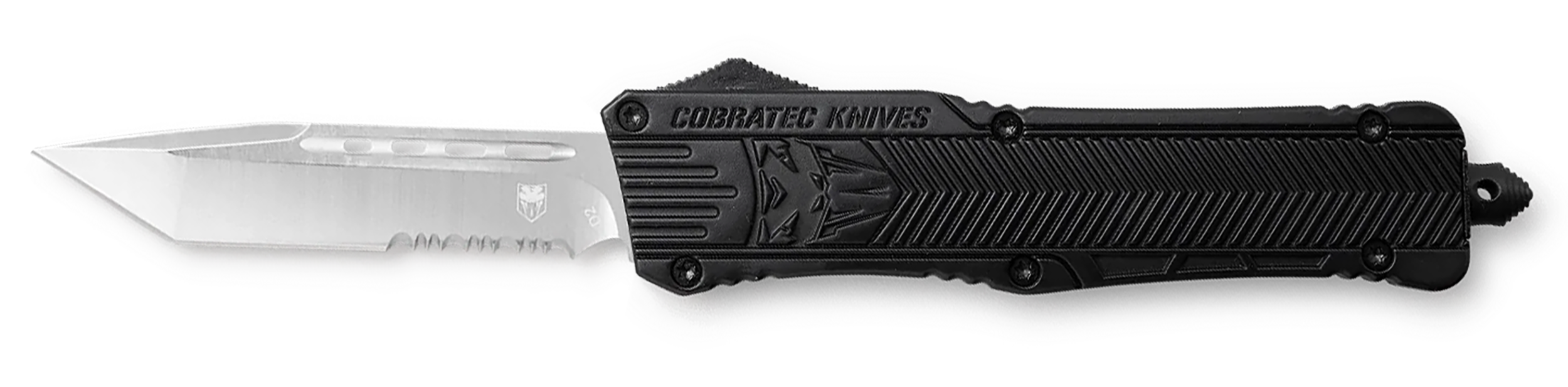 CobraTec Knives LBCTK1LTS CTK-1  Large 3.75" OTF Tanto Part Serrated D2 Steel Blade/Black Aluminum Handle Features Glass Breaker Includes Pocket Clip