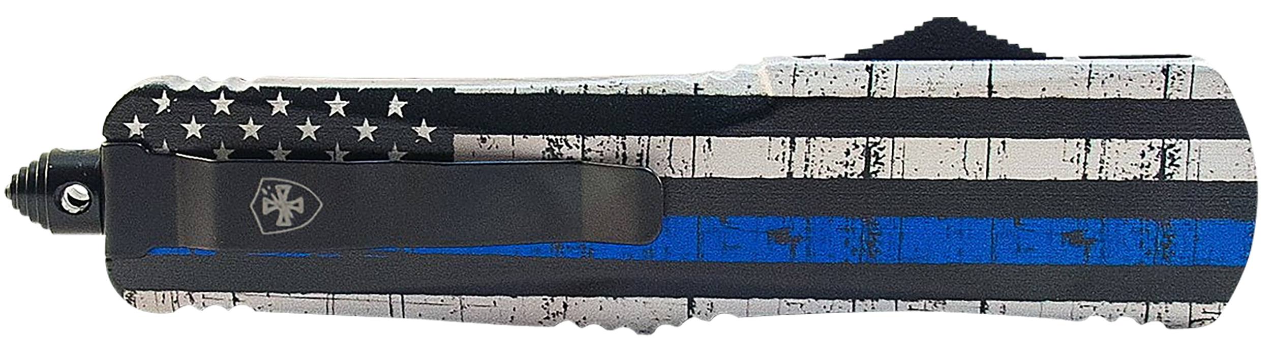 Templar Knife MBTB131 Back The Blue Gen II Slim 3.50" OTF Dagger Plain Black 440C SS Blade Blue/White/Black Zinc Aluminum Alloy Handle Features Glass Breaker/Pocket Clip